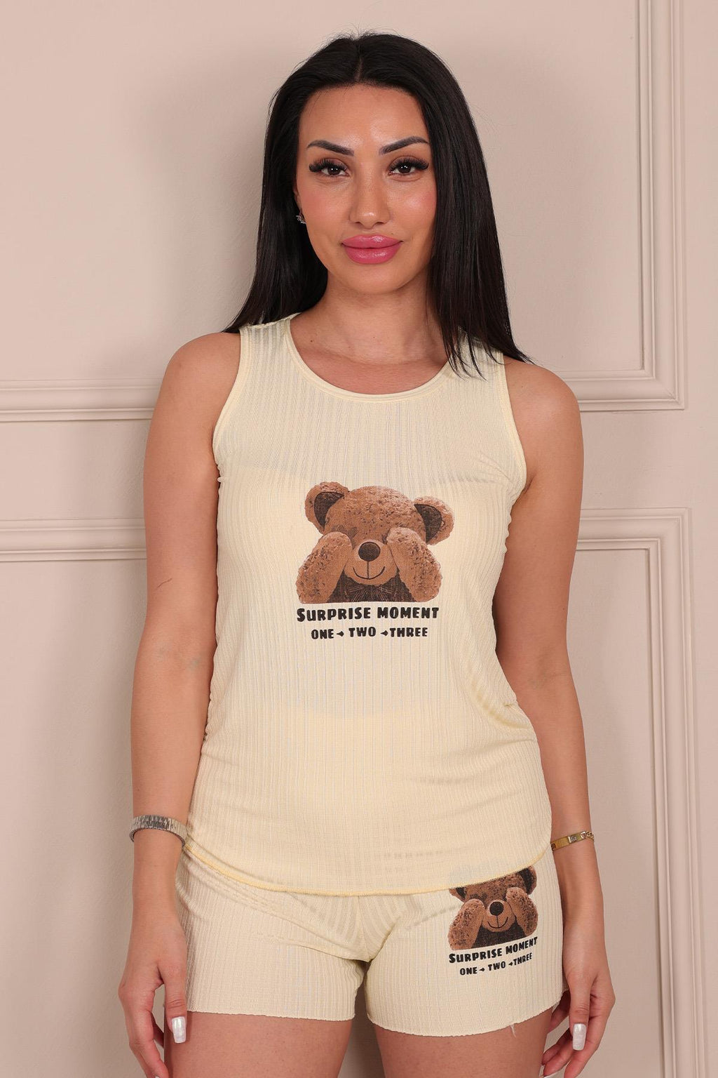 Kadın Ayıcık Baskılı Kalın Askılı Şortlu Viskon Pijama Takımı