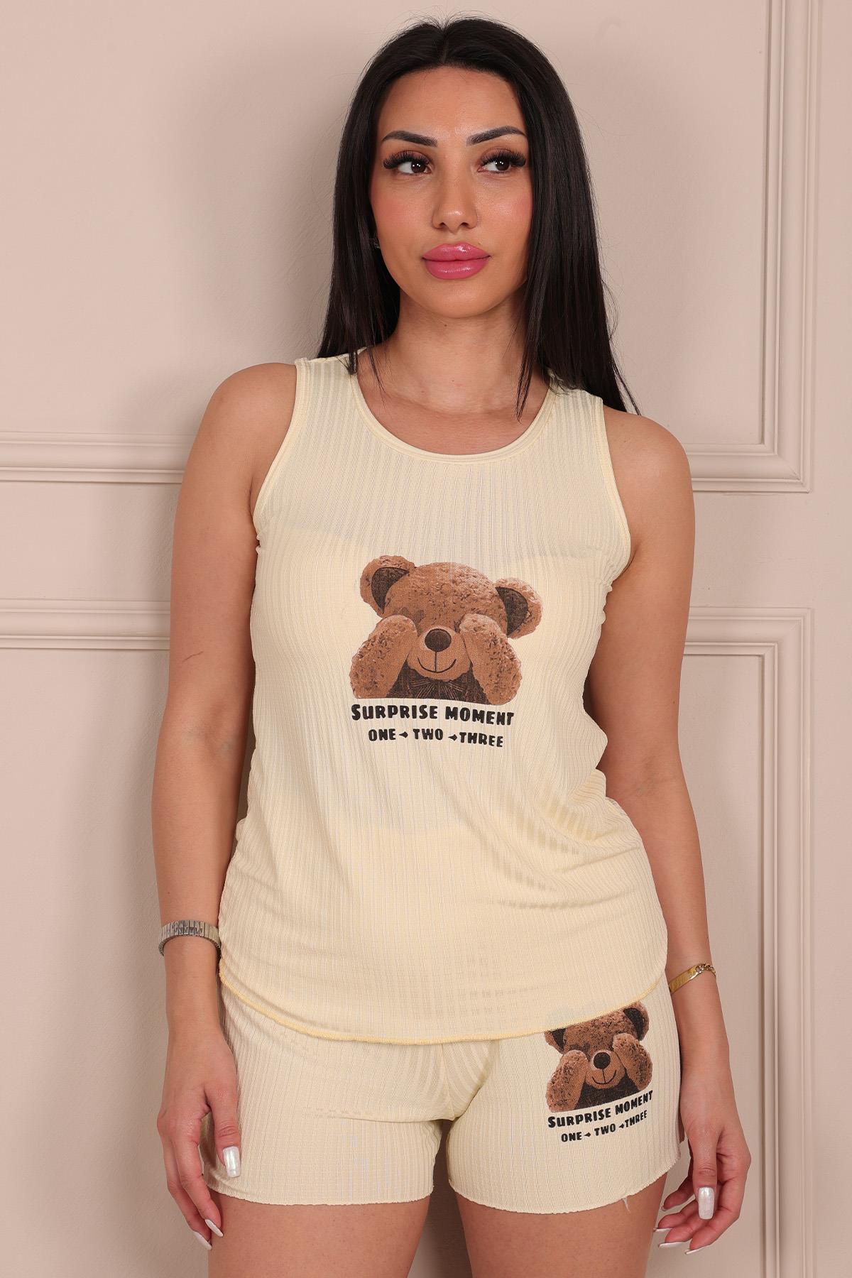 Kadın Ayıcık Baskılı Kalın Askılı Şortlu Viskon Pijama Takımı