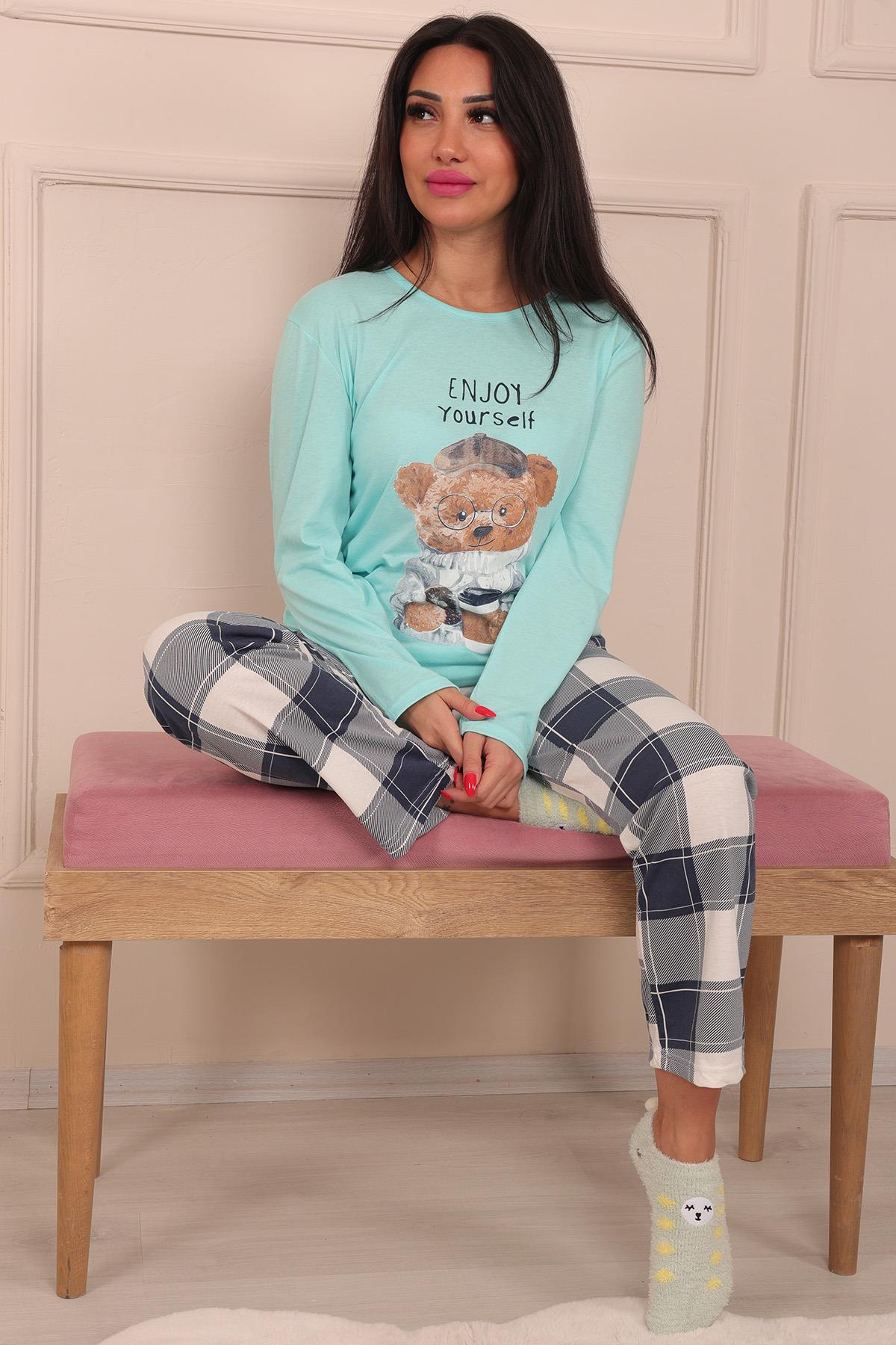 Kadın Ayıcık Baskılı Ve Altı Ekose Desenli Bisiklet Yaka Uzun Kol Altı Uzun Penye Pijama Takımı