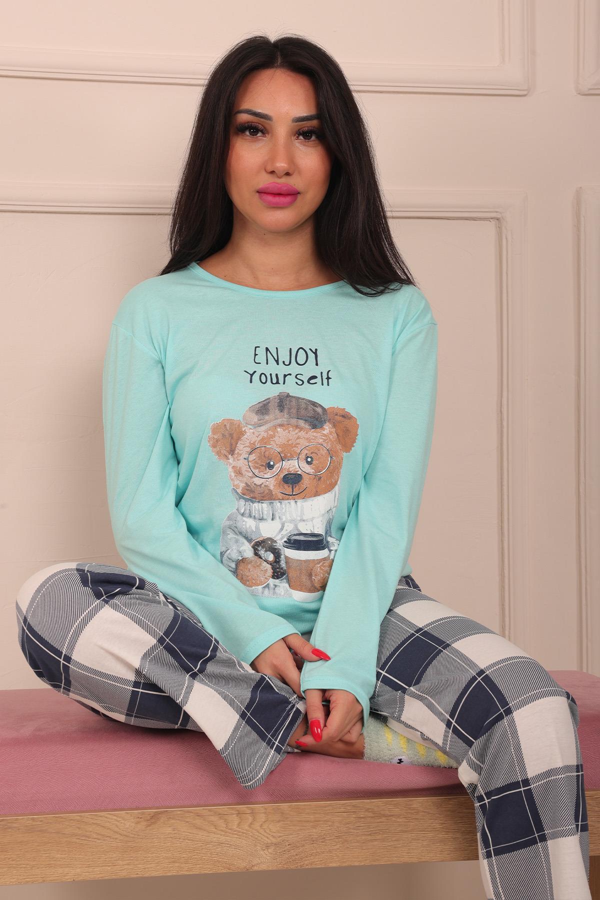 Kadın Ayıcık Baskılı Ve Altı Ekose Desenli Bisiklet Yaka Uzun Kol Altı Uzun Penye Pijama Takımı