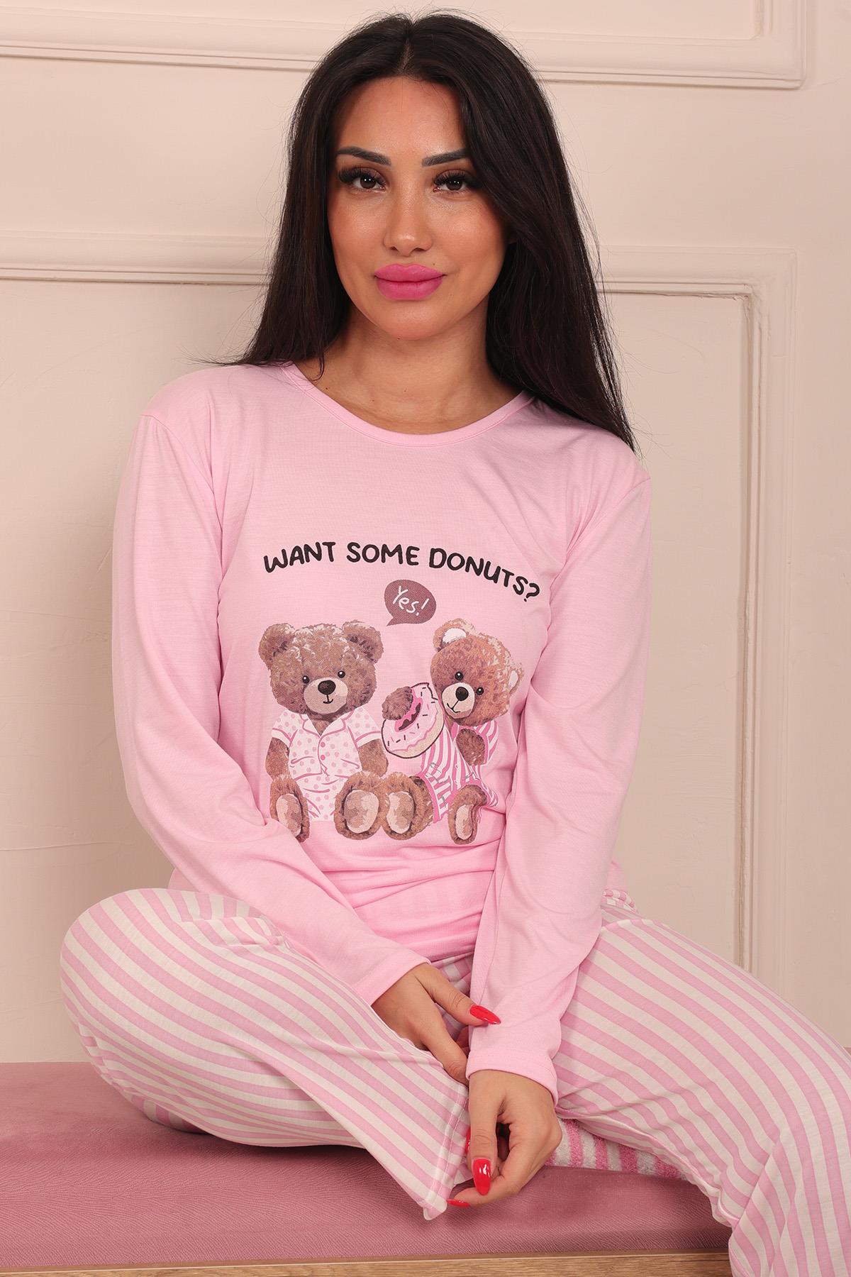 Kadın Ayıcık Desenli Altı Dikey Çizgili Bisiklet Yaka Uzun Kol Altı Uzun Viskon Pijama Takımı