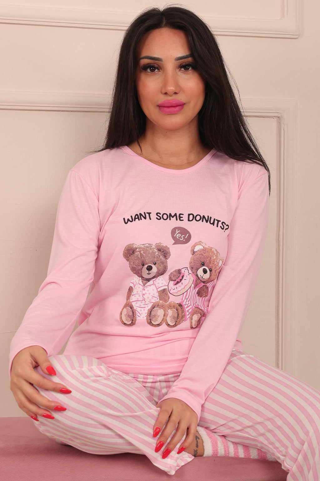 Kadın Ayıcık Desenli Altı Dikey Çizgili Bisiklet Yaka Uzun Kol Altı Uzun Viskon Pijama Takımı