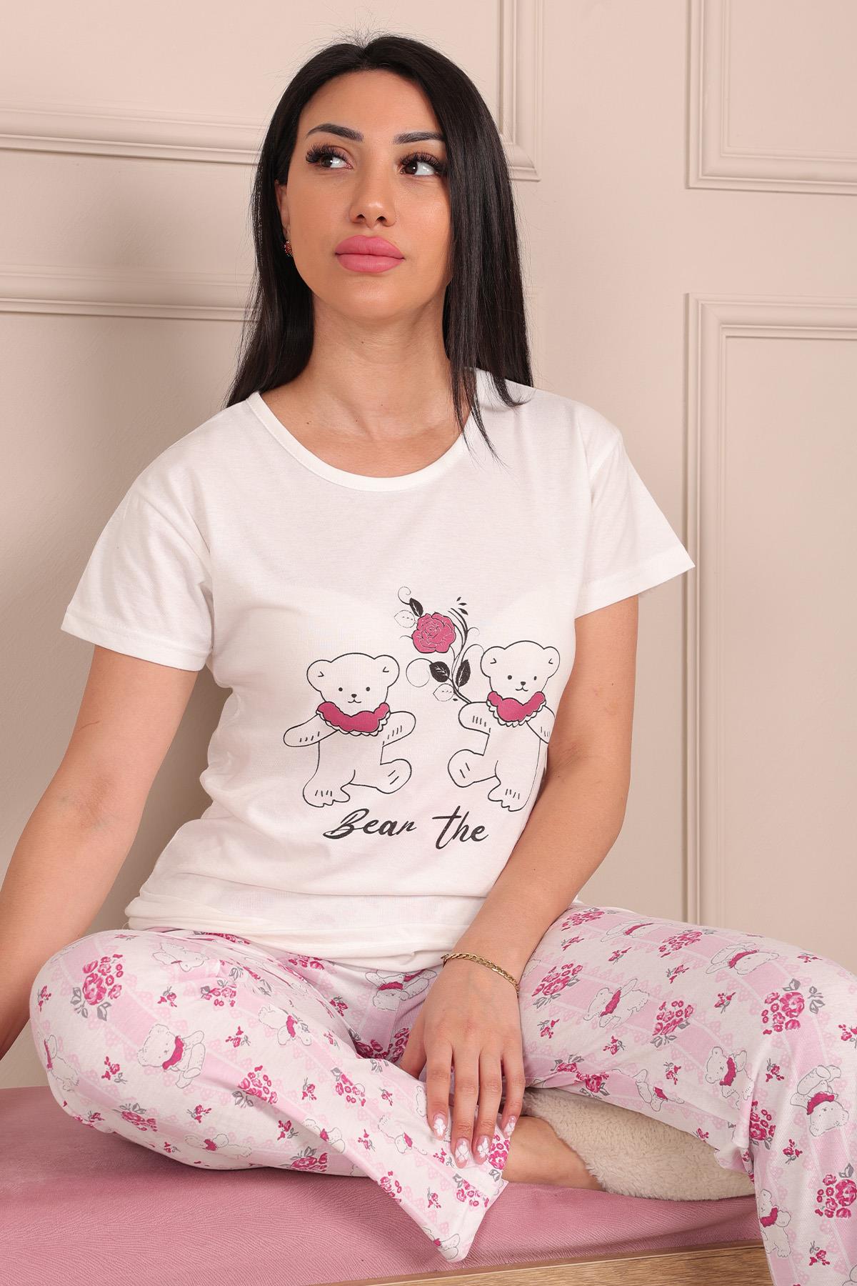 Kadın Ayıcık Desenli Bisiklet Yaka Kısa Kollu Altı Uzun Penye Pijama Takımı