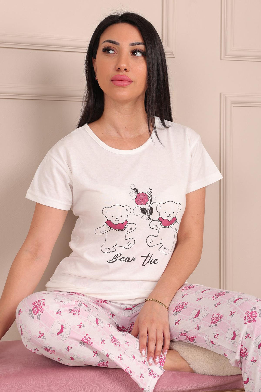 Kadın Ayıcık Desenli Bisiklet Yaka Kısa Kollu Altı Uzun Penye Pijama Takımı