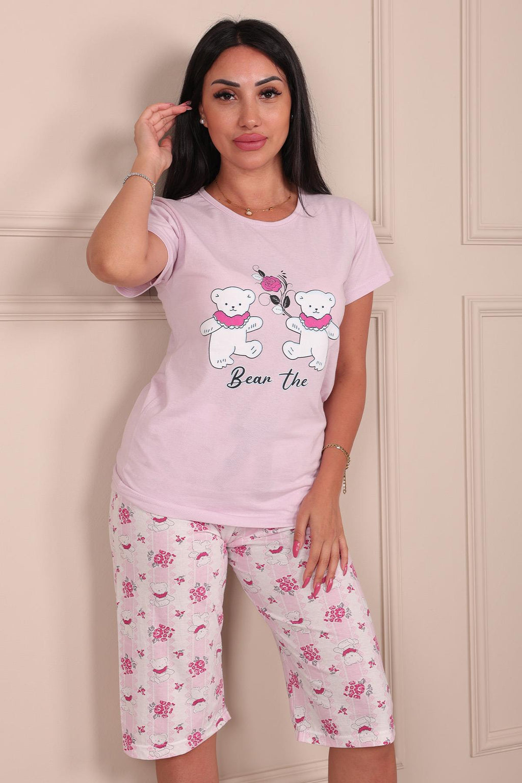 Kadın Ayıcık Desenli Bisiklet Yaka Kısa Kollu Altı Kapri Penye Pijama Takımı