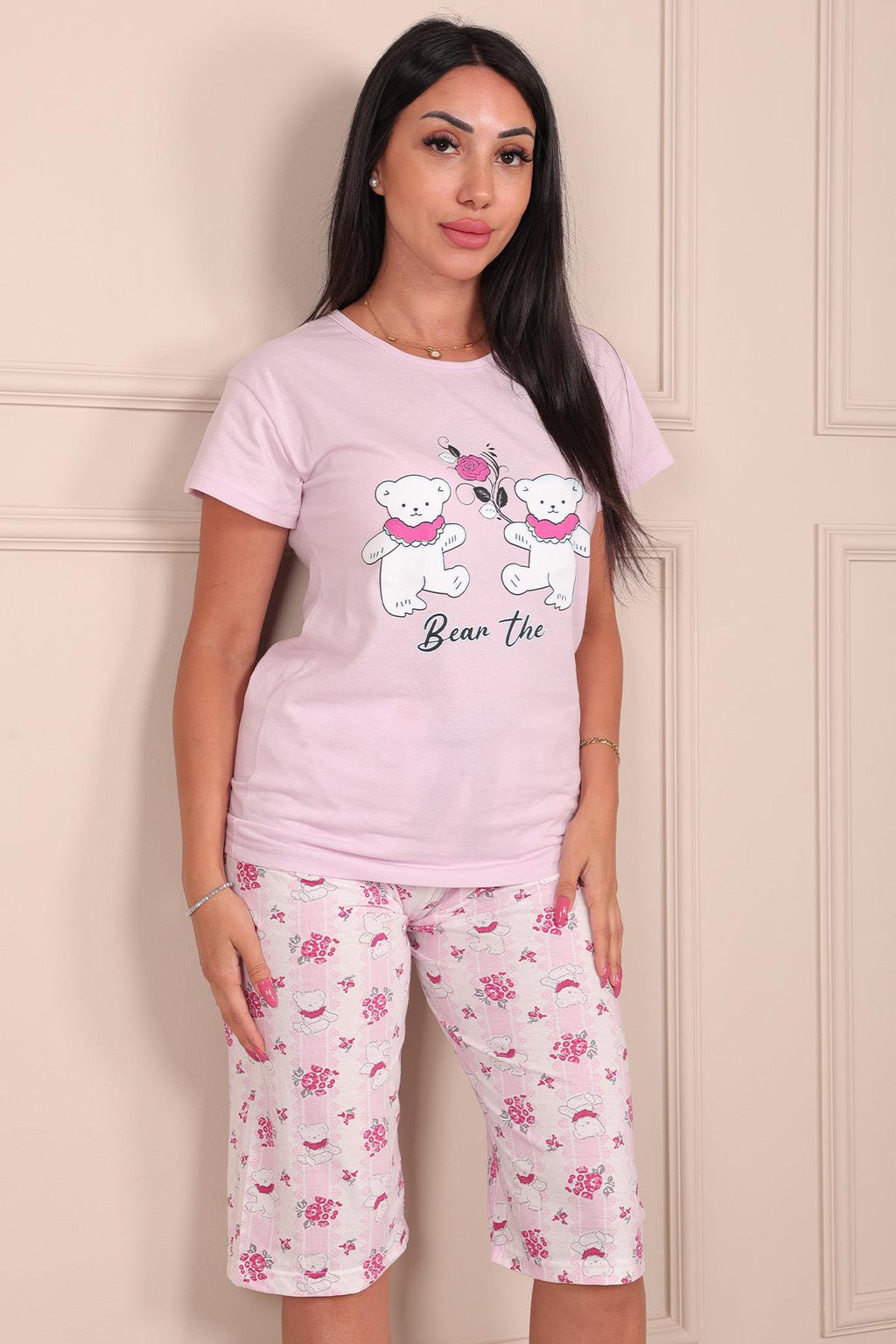 Kadın Ayıcık Desenli Bisiklet Yaka Kısa Kollu Altı Kapri Penye Pijama Takımı