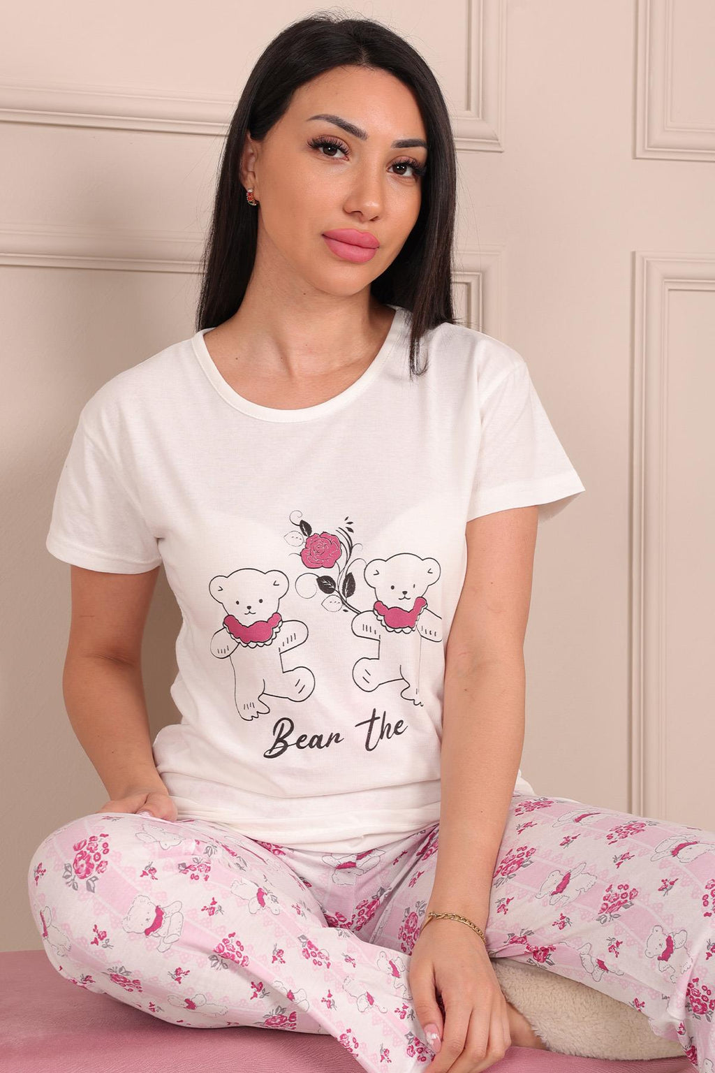 Kadın Ayıcık Desenli Bisiklet Yaka Kısa Kollu Altı Uzun Penye Pijama Takımı