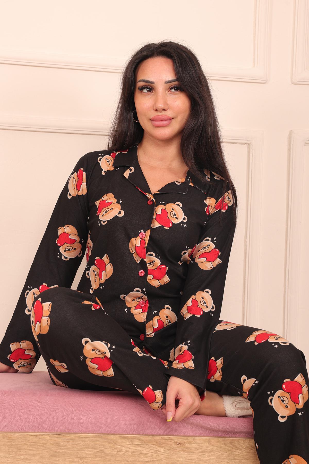 Kadın Ayıcık Desenli Önü Düğmeli Süet Pijama Takımı