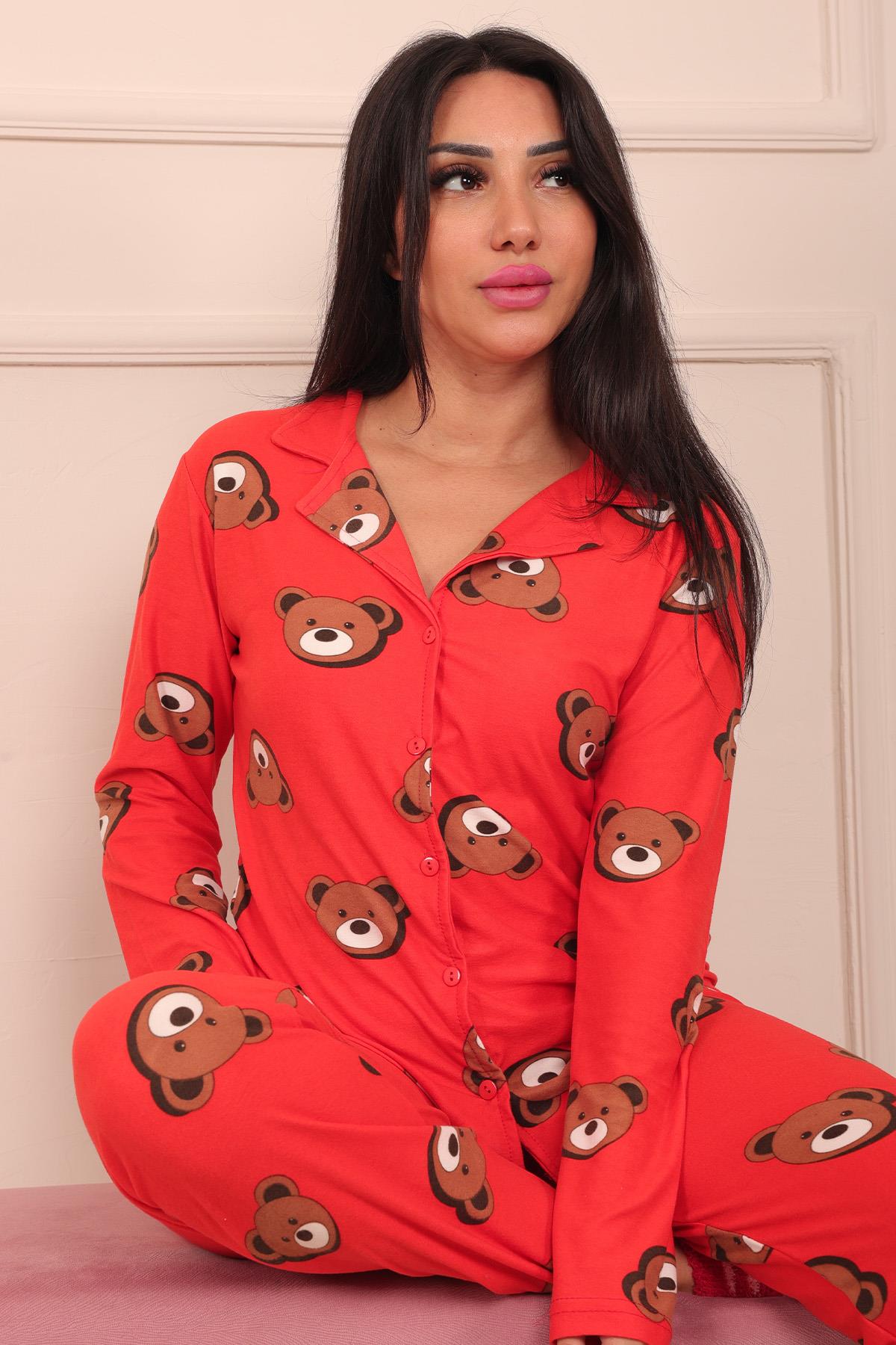 Kadın Ayıcık Desenli Önü Düğmeli Uzun Kol Altı Uzun Süet Pijama Takımı