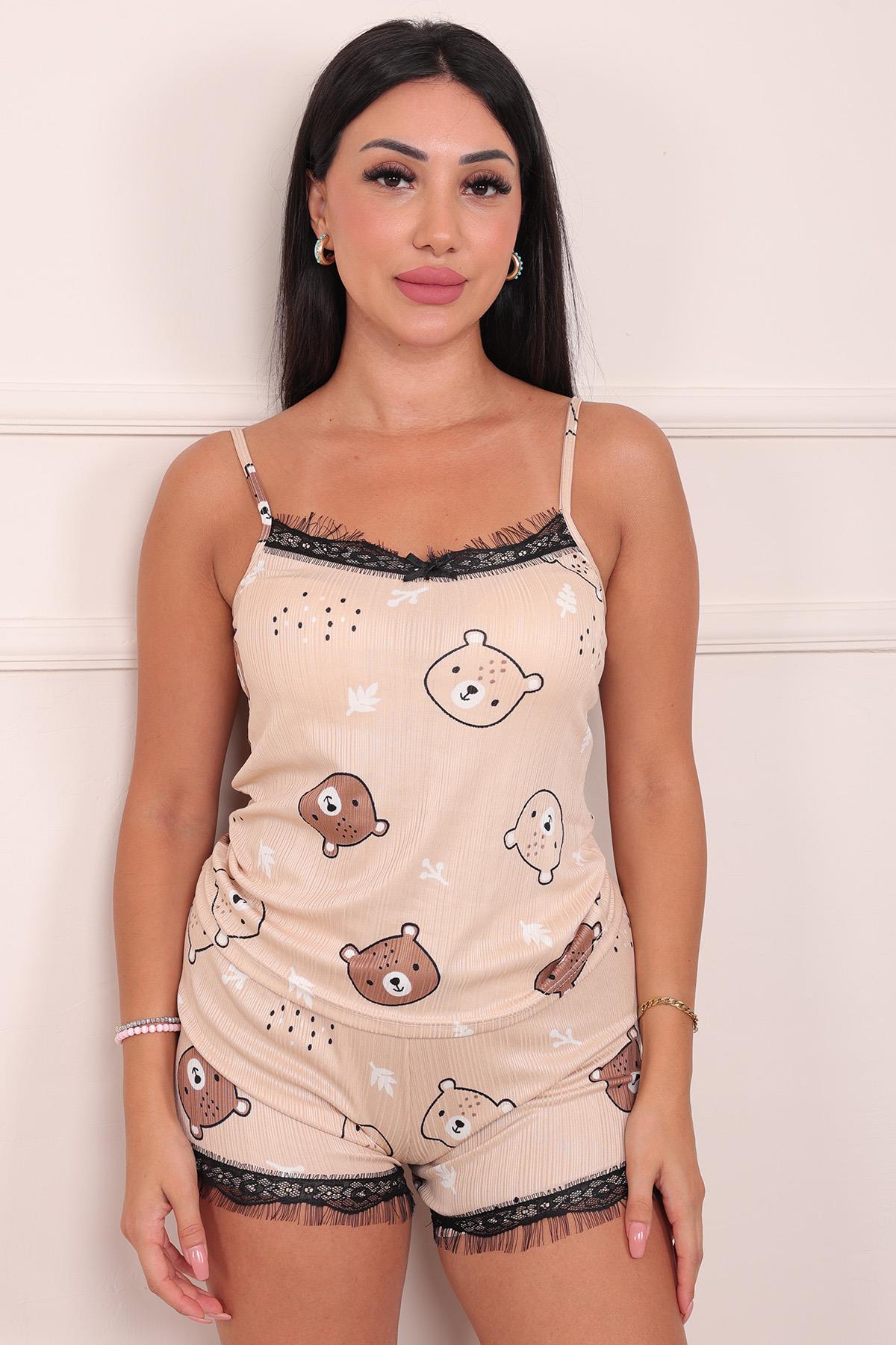 Kadın Ayıcık Desenli Şortlu Pegasus Pijama Takım Bej