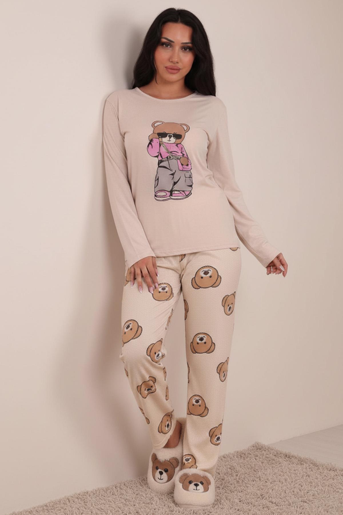Kadın Ayıcık Desenli Ve Baskılı Bisiklet Yaka Uzun Kol Altı Uzun Penye Pijama Takımı