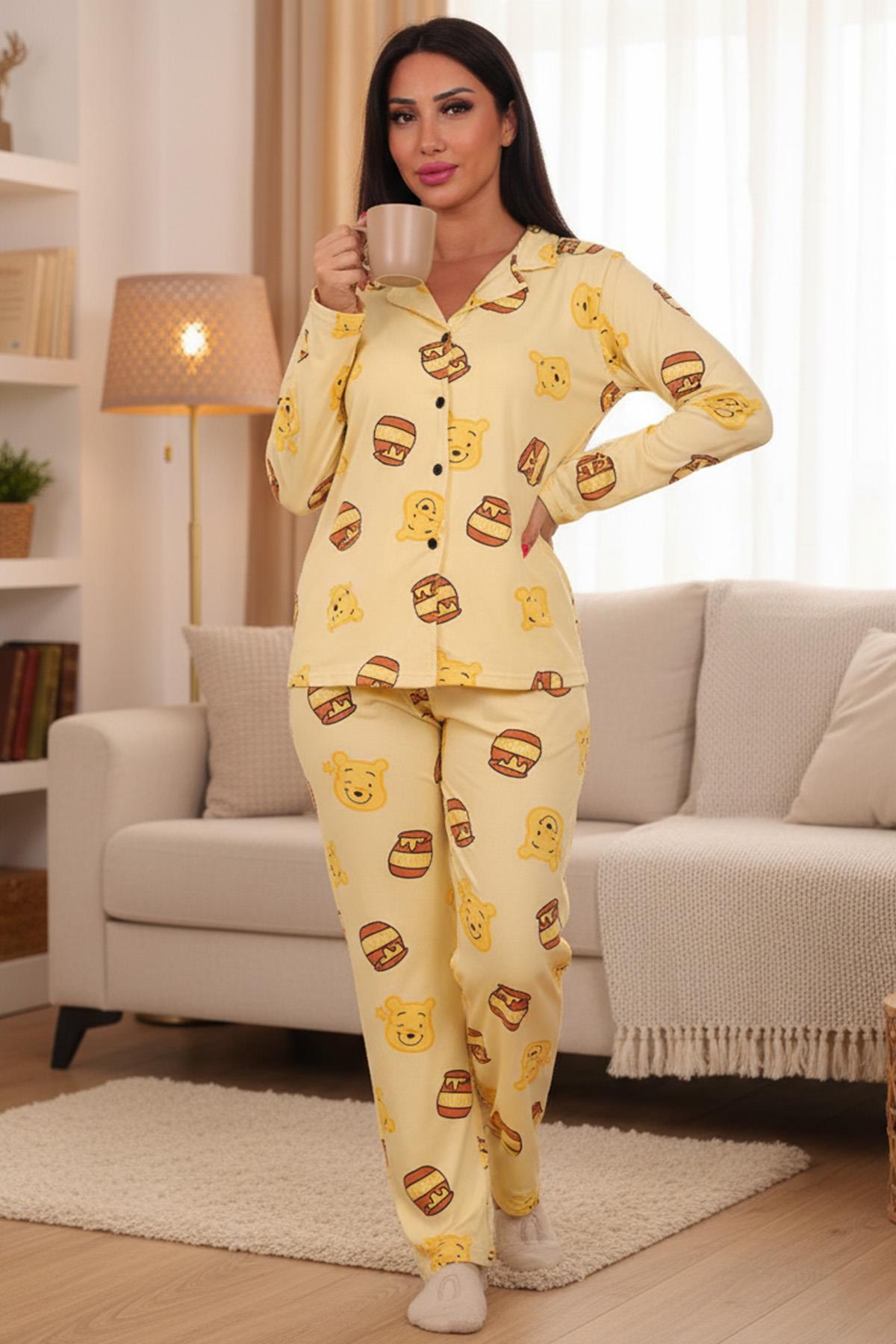 Kadın Ayıcık Ve Bal Kavanozu Desenli Önü Düğmeli Uzun Kol Altı Uzun Milan Kumaş Pijama Takımı
