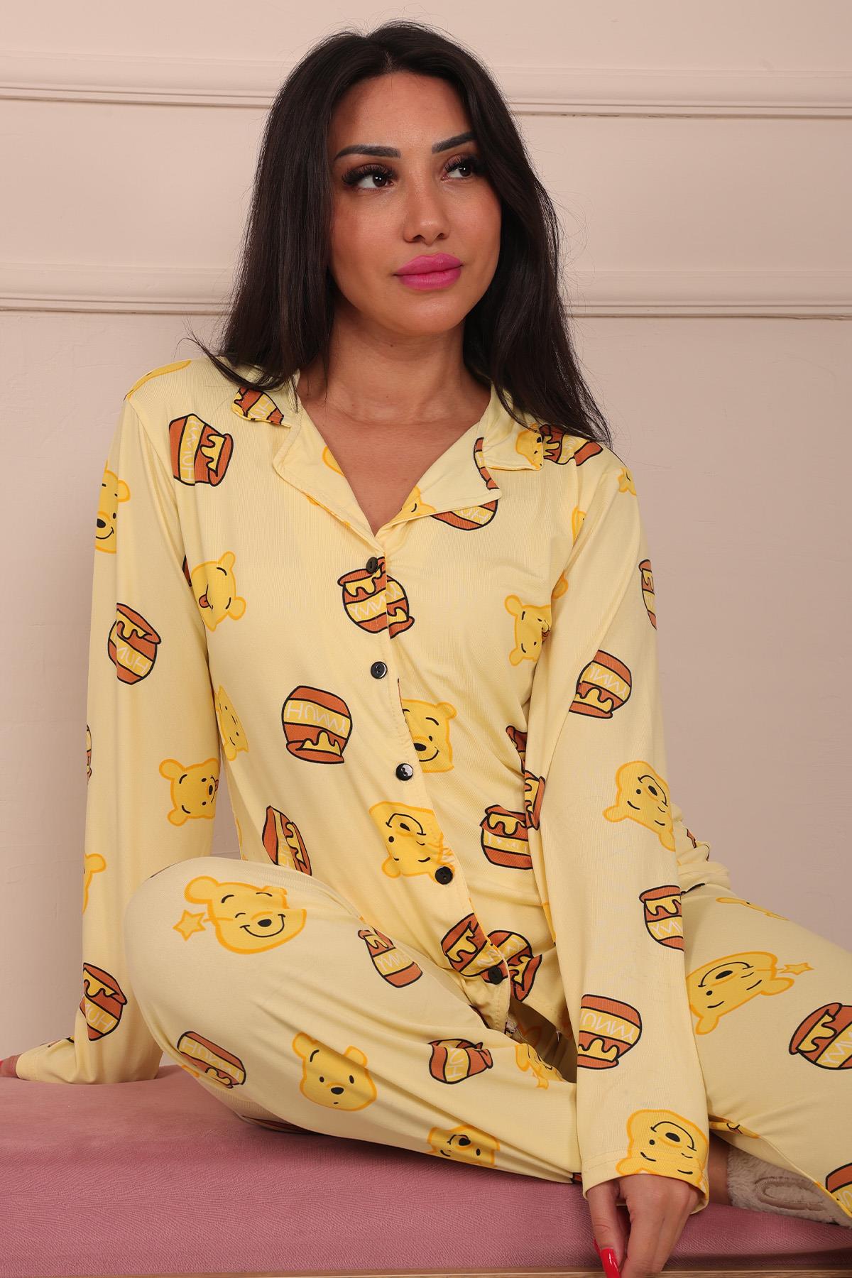Kadın Ayıcık Ve Bal Kavanozu Desenli Önü Düğmeli Uzun Kol Altı Uzun Milan Kumaş Pijama Takımı