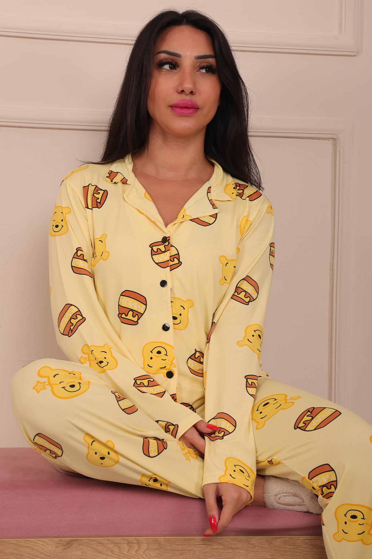 Kadın Ayıcık Ve Bal Kavanozu Desenli Önü Düğmeli Uzun Kol Altı Uzun Milan Kumaş Pijama Takımı