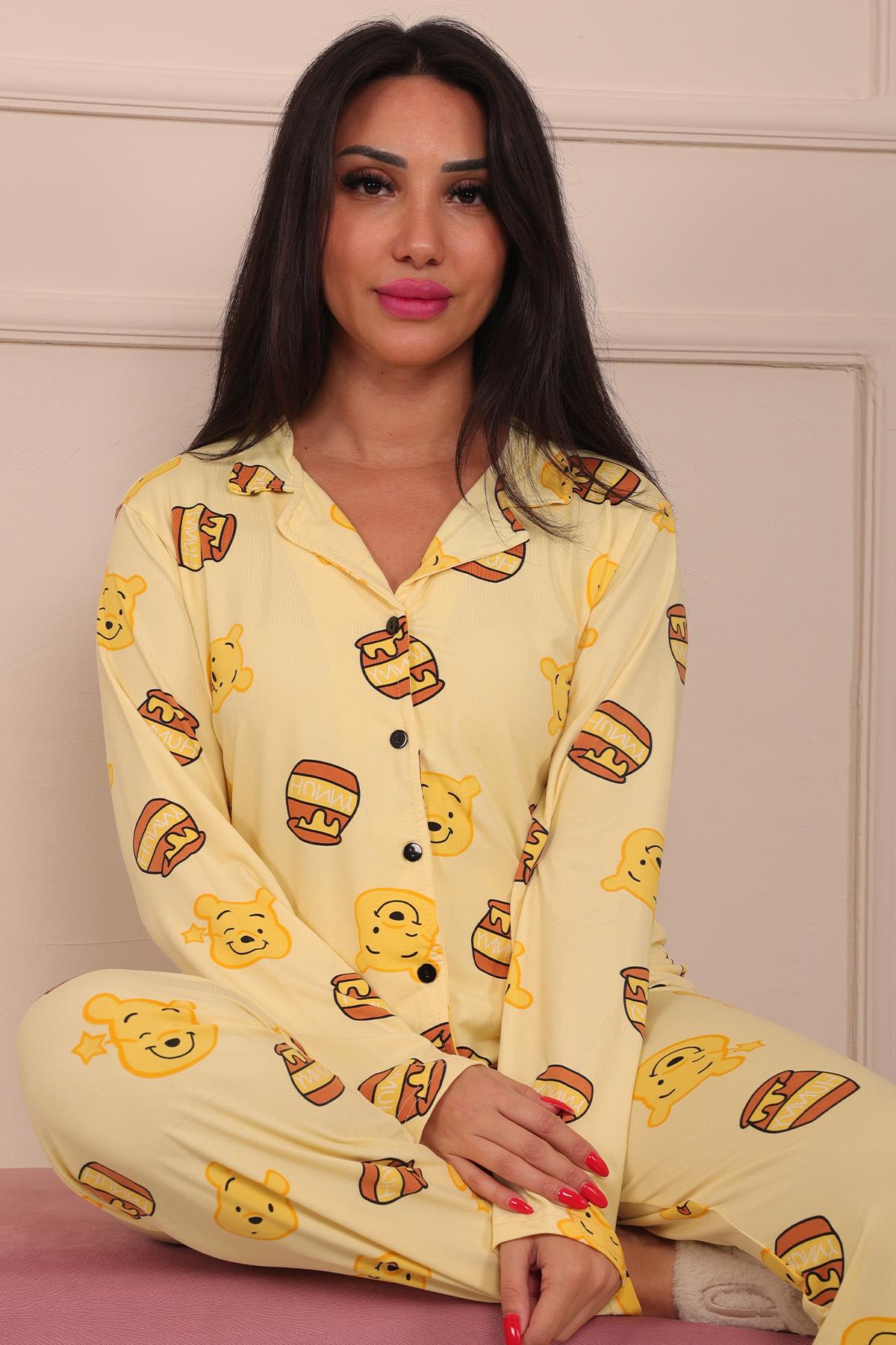 Kadın Ayıcık Ve Bal Kavanozu Desenli Önü Düğmeli Uzun Kol Altı Uzun Milan Kumaş Pijama Takımı