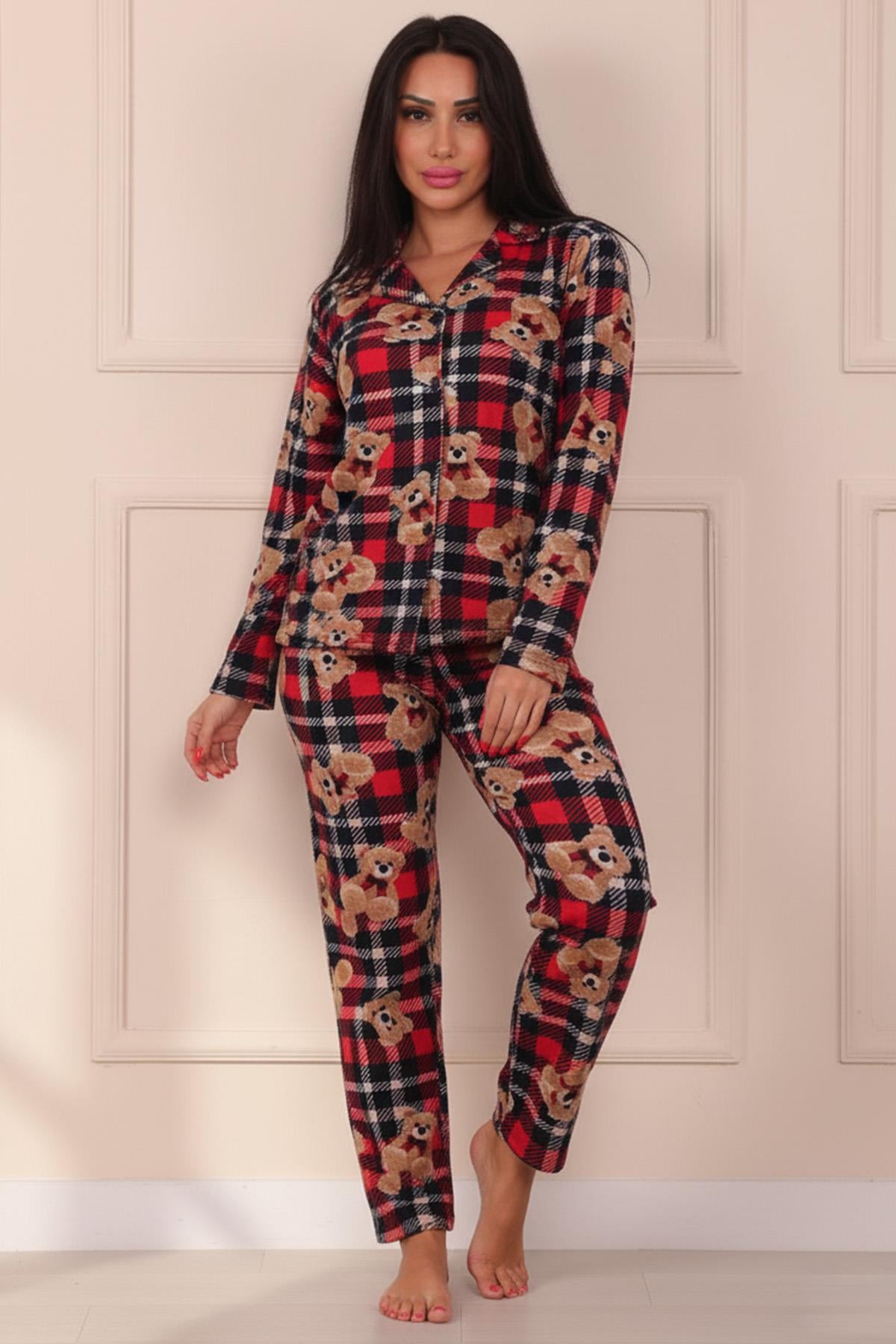 Kadın Ayıcık Ve Ekose Desenli Desenli Önü Düğmeli Süet Pijama Takımı