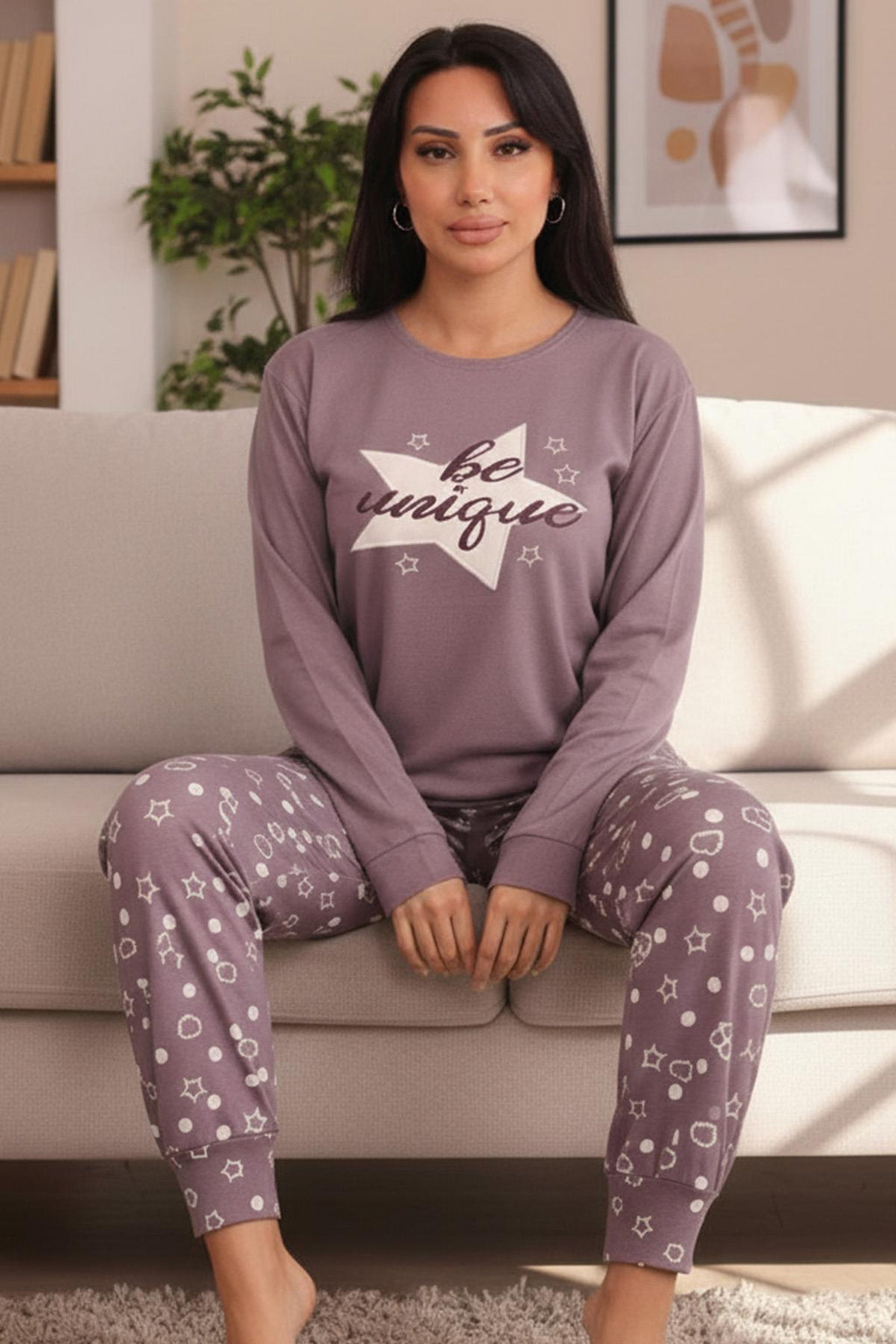 Kadın Be Unique Sloganlı Ve Altı Yıldız Desenli Termal Pijama Takımı