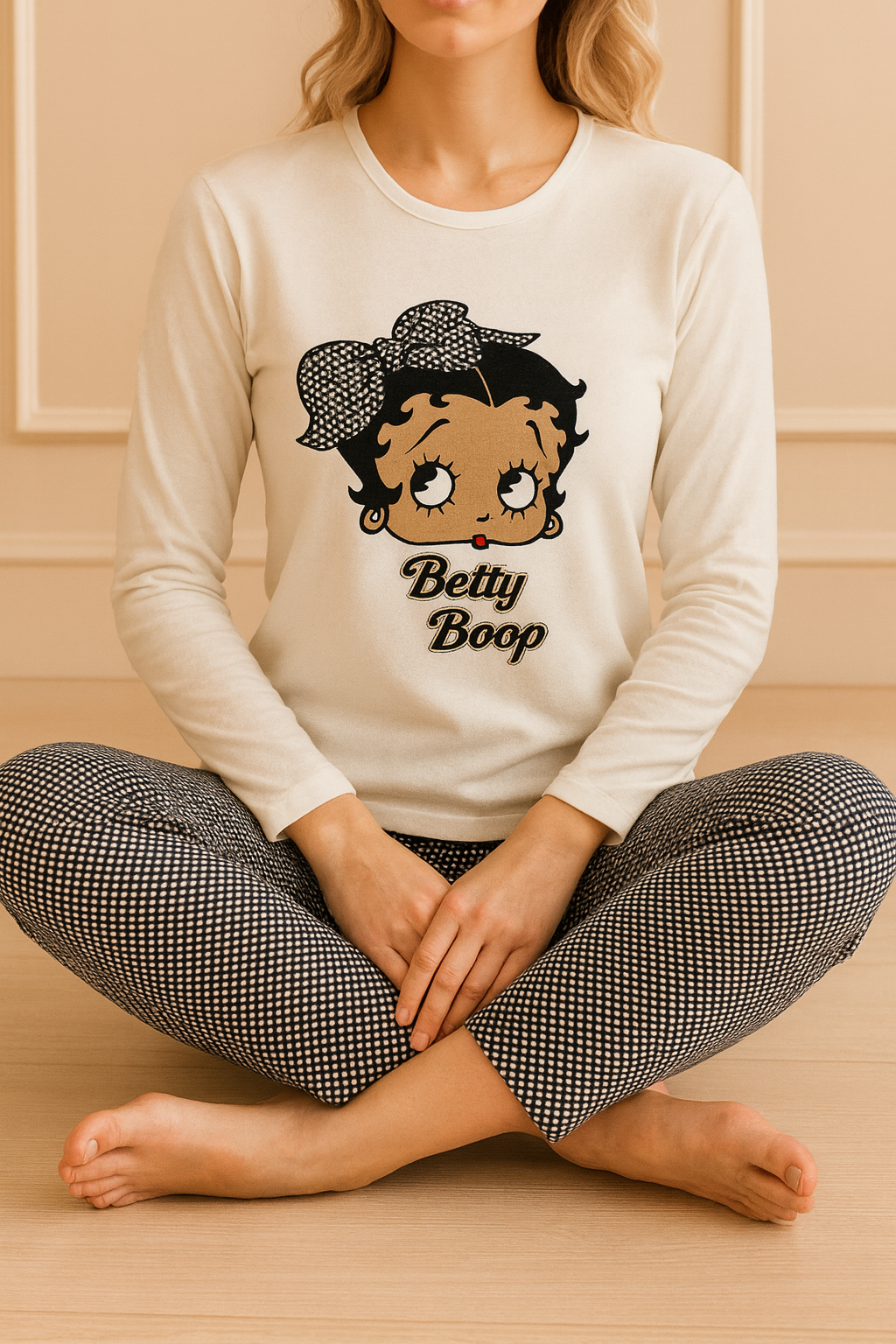 Kadın Betty Boop Baskılı Ve  Sloganlı  Altı  Desenli Bisiklet Yaka Uzun Kol Altı Uzun Penye Pijama Takımı