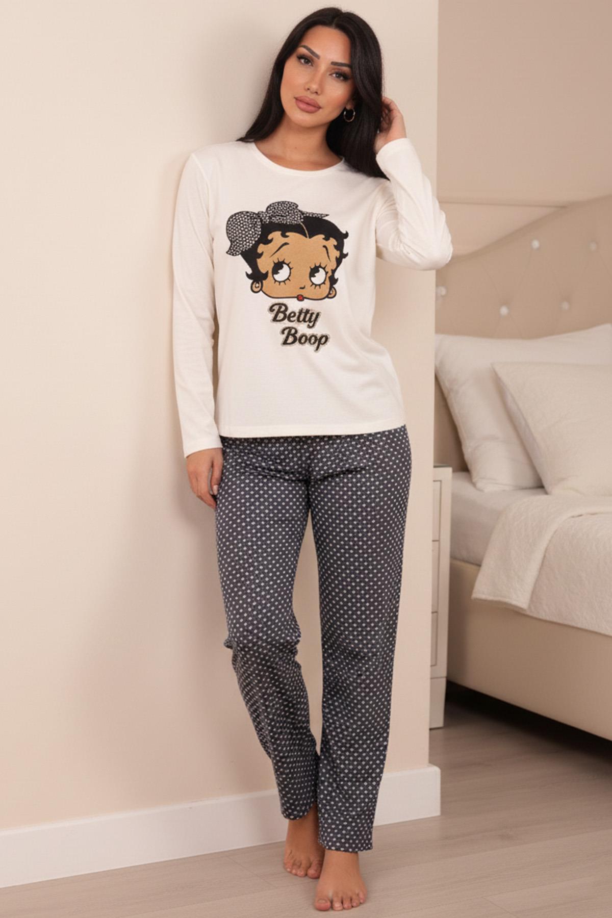 Kadın Betty Boop Baskılı Ve  Sloganlı  Altı  Desenli Bisiklet Yaka Uzun Kol Altı Uzun Penye Pijama Takımı