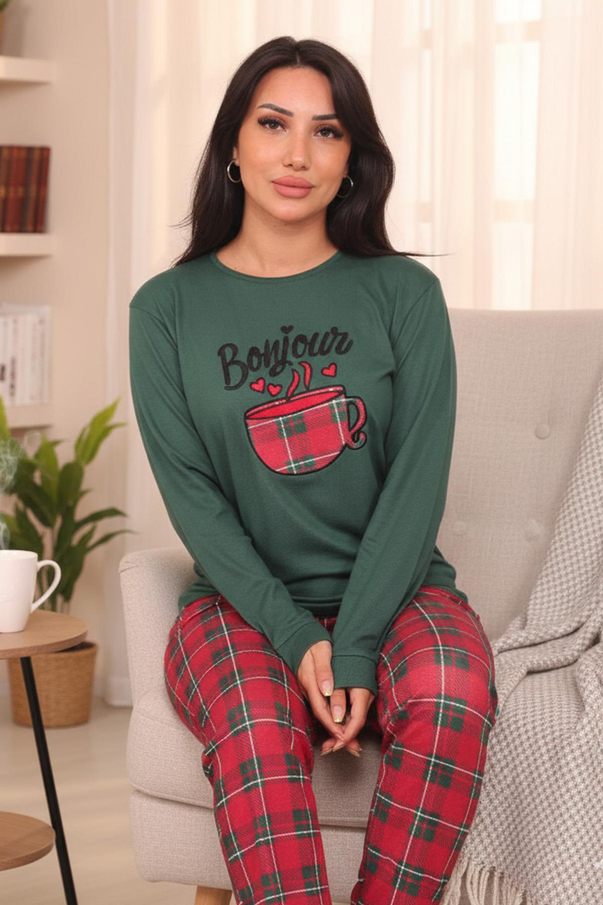 Kadın Bonjour Sloganlı Ve Altı Ekose Desenli Termal Pijama Takımı