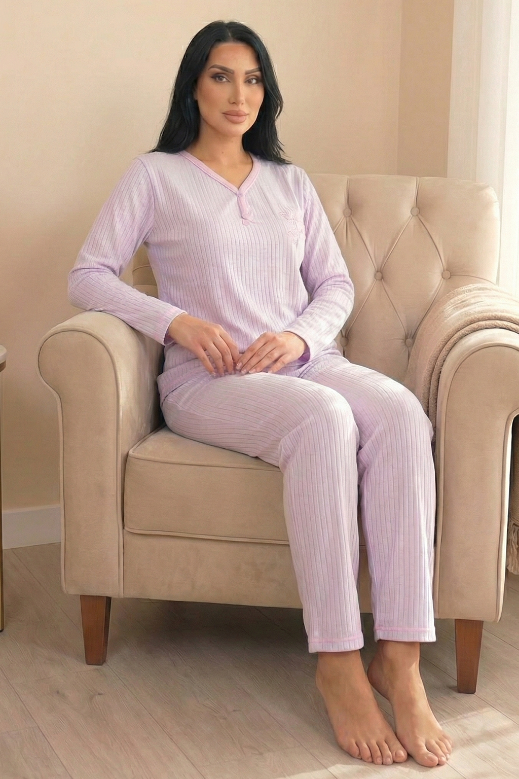 Kadın Çiçek İşlemeli Ve Fitilli V Yaka Uzun Kol Altı Uzun Pamuklu Pijama Takımı