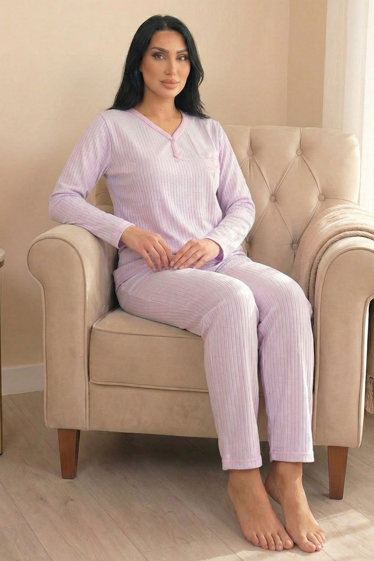 Kadın Çiçek İşlemeli Ve Fitilli V Yaka Uzun Kol Altı Uzun Pamuklu Pijama Takımı