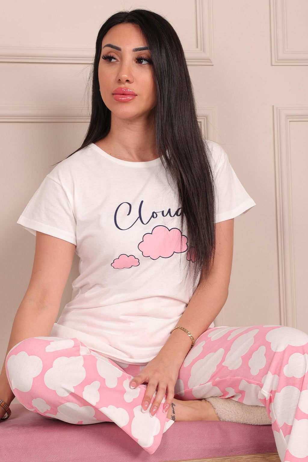 Kadın Cloud Sloganlı Ve Bulut Deseni Baskılı  Bisiklet Yaka Kısa Kol Altı Uzun Penye Pijama Takımı