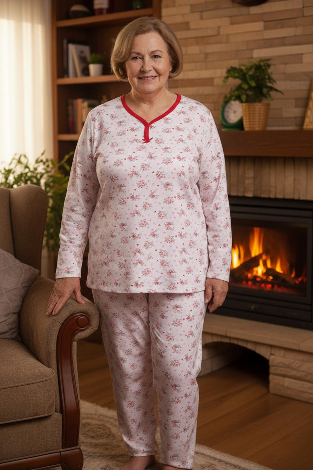 Kadın Desenli Biye Yakalı Uzun Kol Altı Uzun Penye Anne  Pijama Takımı