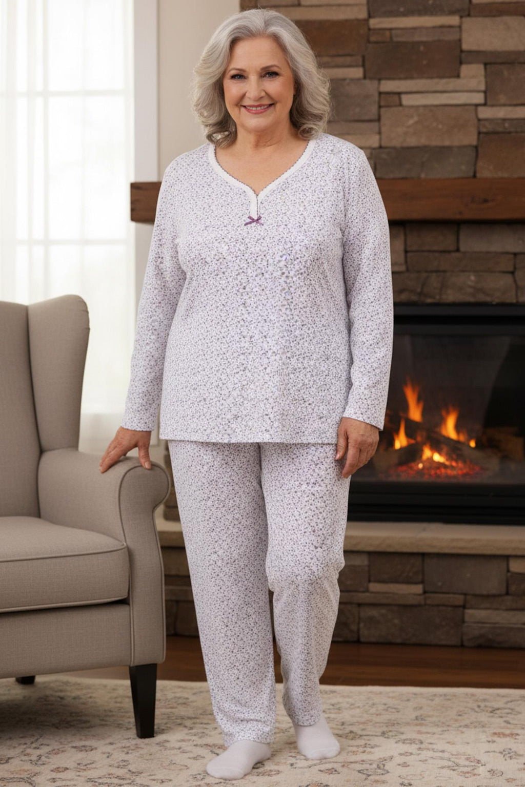 Kadın Desenli Biye Yakalı Uzun Kol Altı Uzun Penye Anne  Pijama Takımı