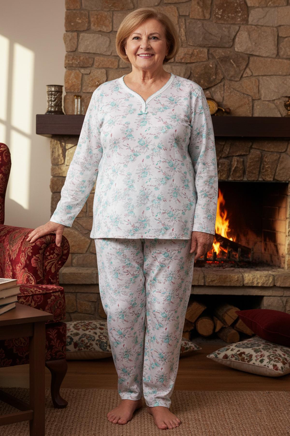 Kadın Desenli Biye Yakalı Uzun Kol Altı Uzun Penye Anne  Pijama Takımı