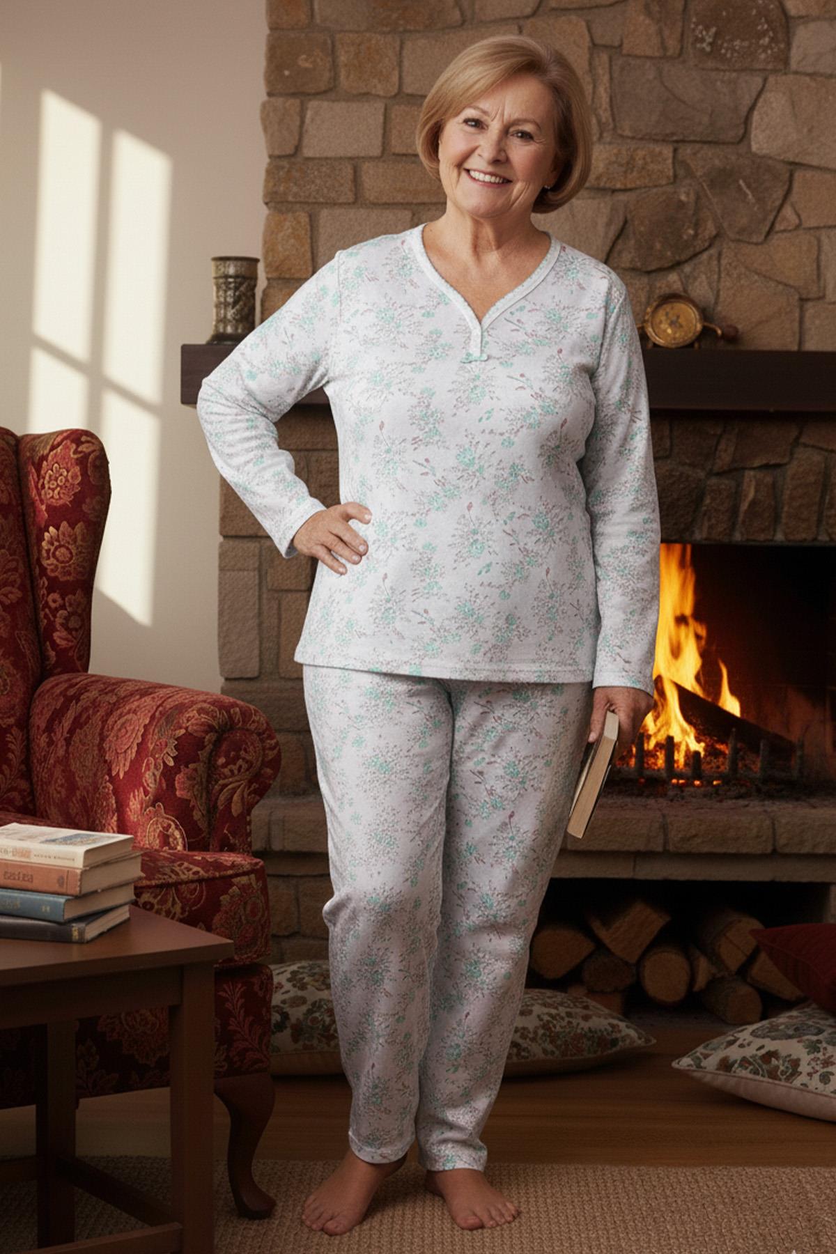 Kadın Desenli Biye Yakalı Uzun Kol Altı Uzun Penye Anne  Pijama Takımı