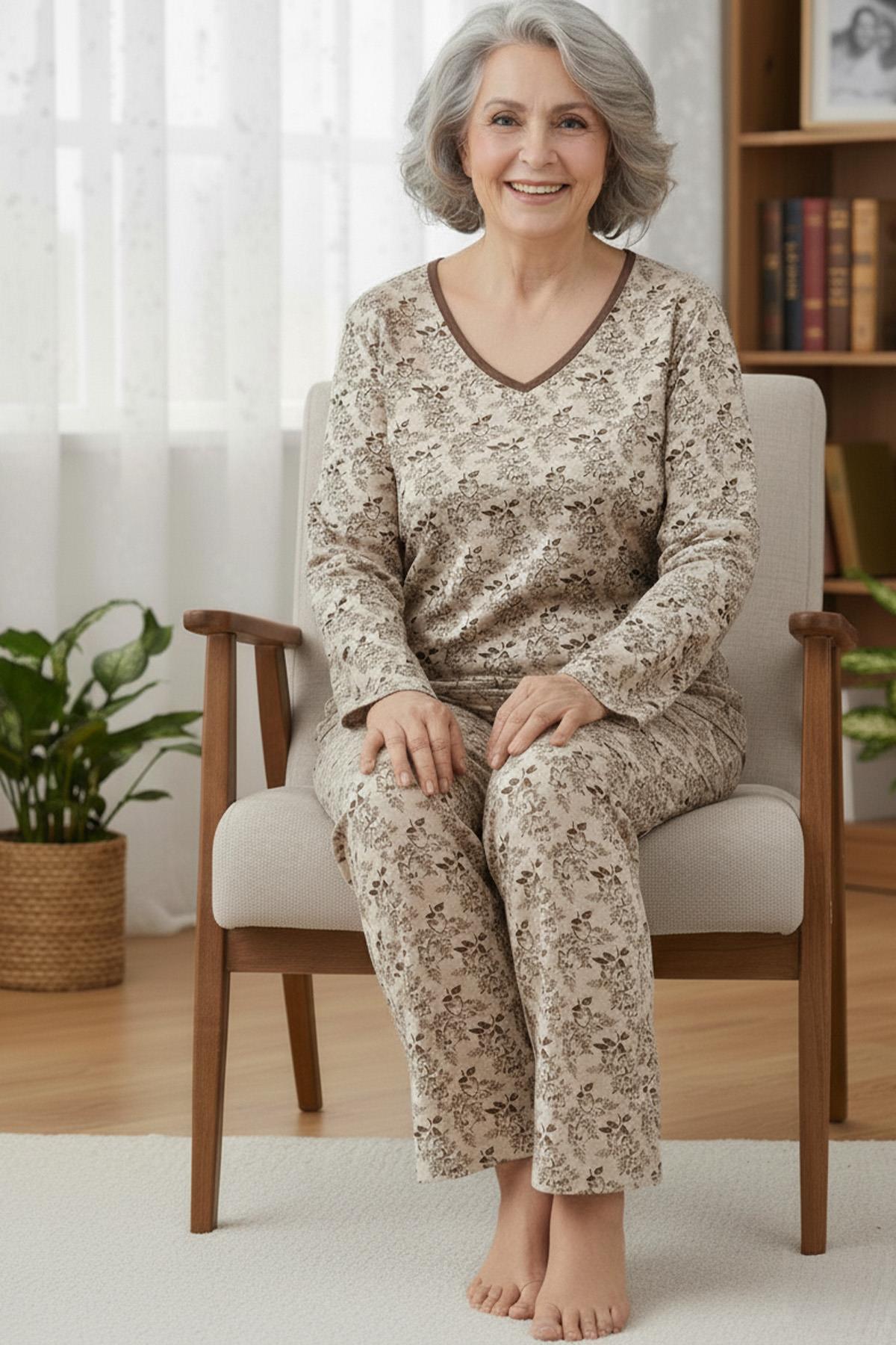 Kadın Desenli Biye Yakalı Uzun Kol Altı Uzun Penye Anne  Pijama Takımı