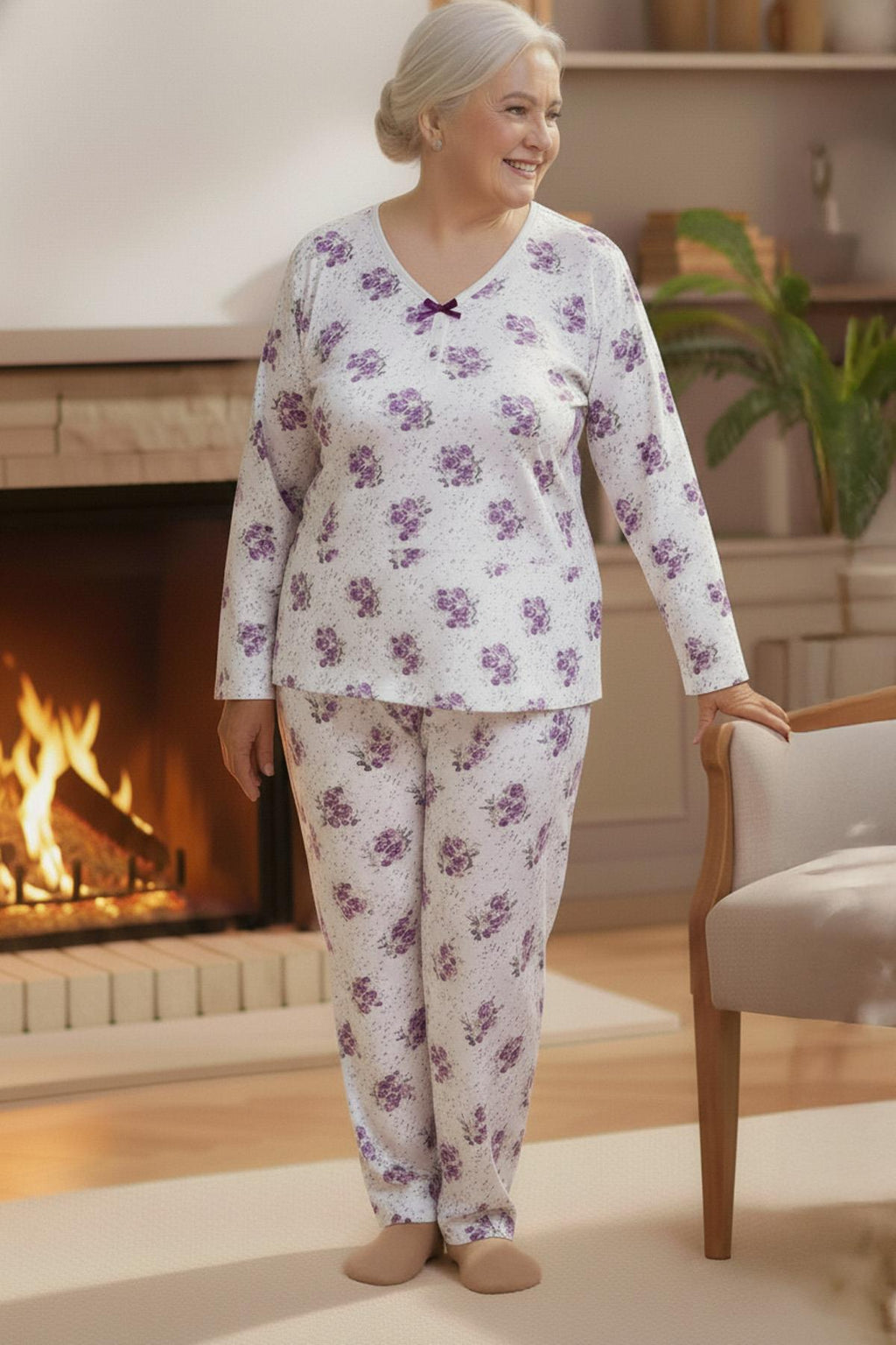 Kadın Desenli Biye Yakalı Uzun Kol Altı Uzun Penye Anne  Pijama Takımı