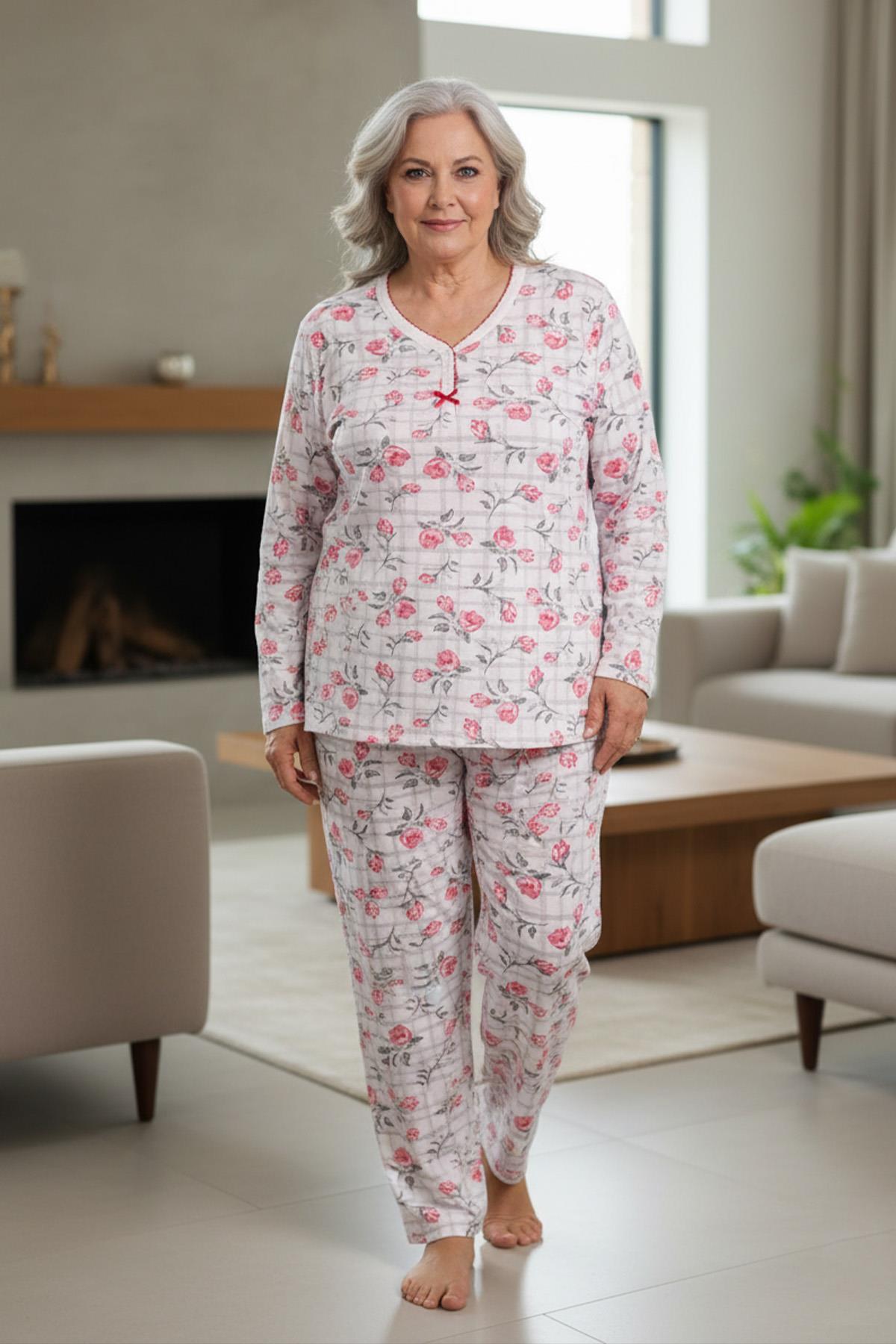 Kadın Desenli Biye Yakalı Uzun Kol Altı Uzun Penye Anne  Pijama Takımı