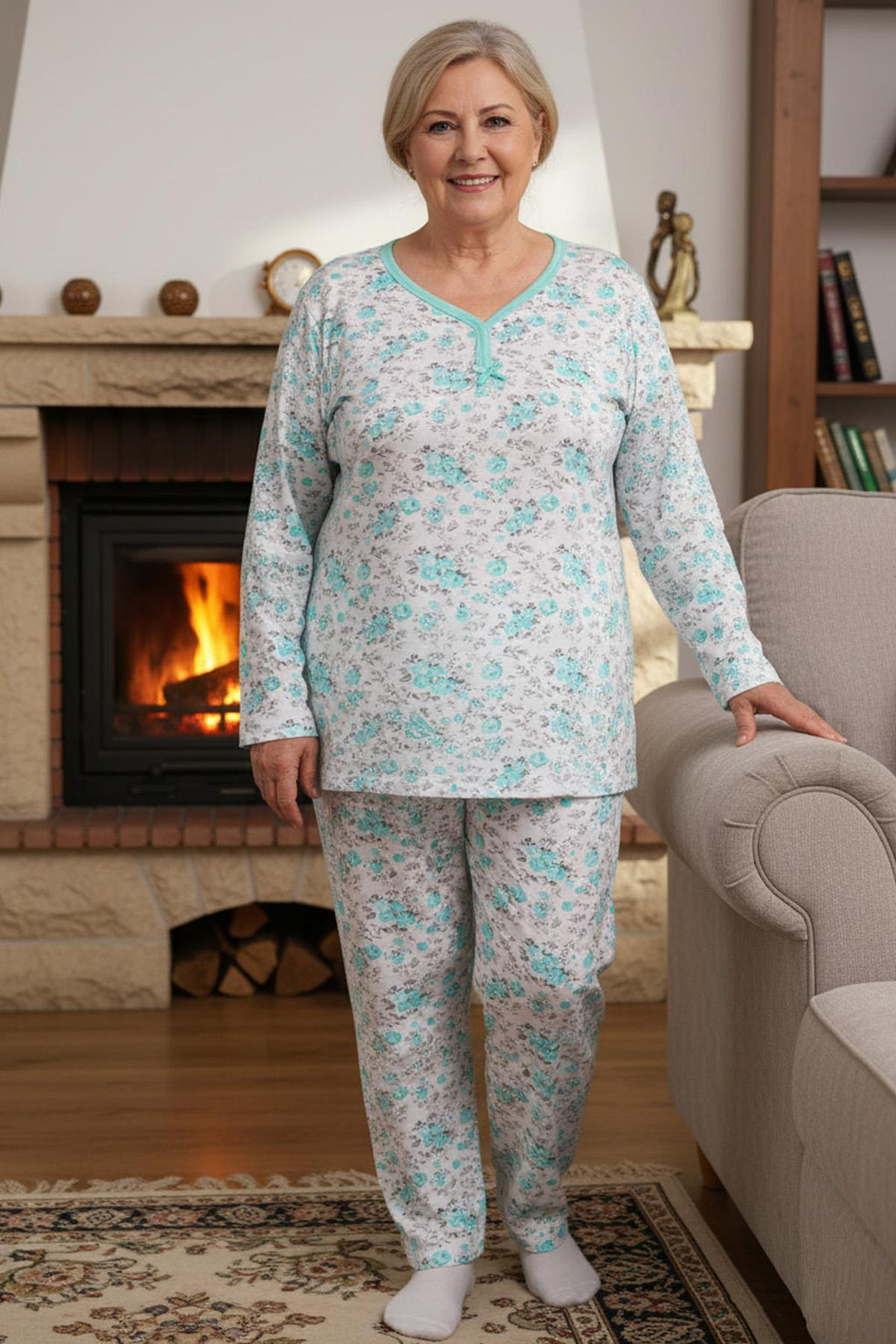 Kadın Desenli Biye Yakalı Uzun Kol Altı Uzun Penye Anne  Pijama Takımı