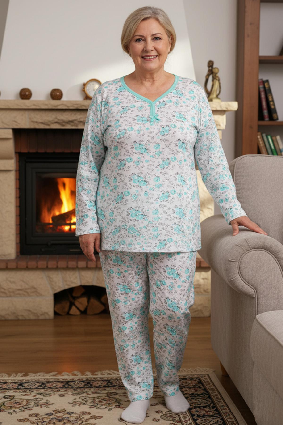 Kadın Desenli Biye Yakalı Uzun Kol Altı Uzun Penye Anne  Pijama Takımı