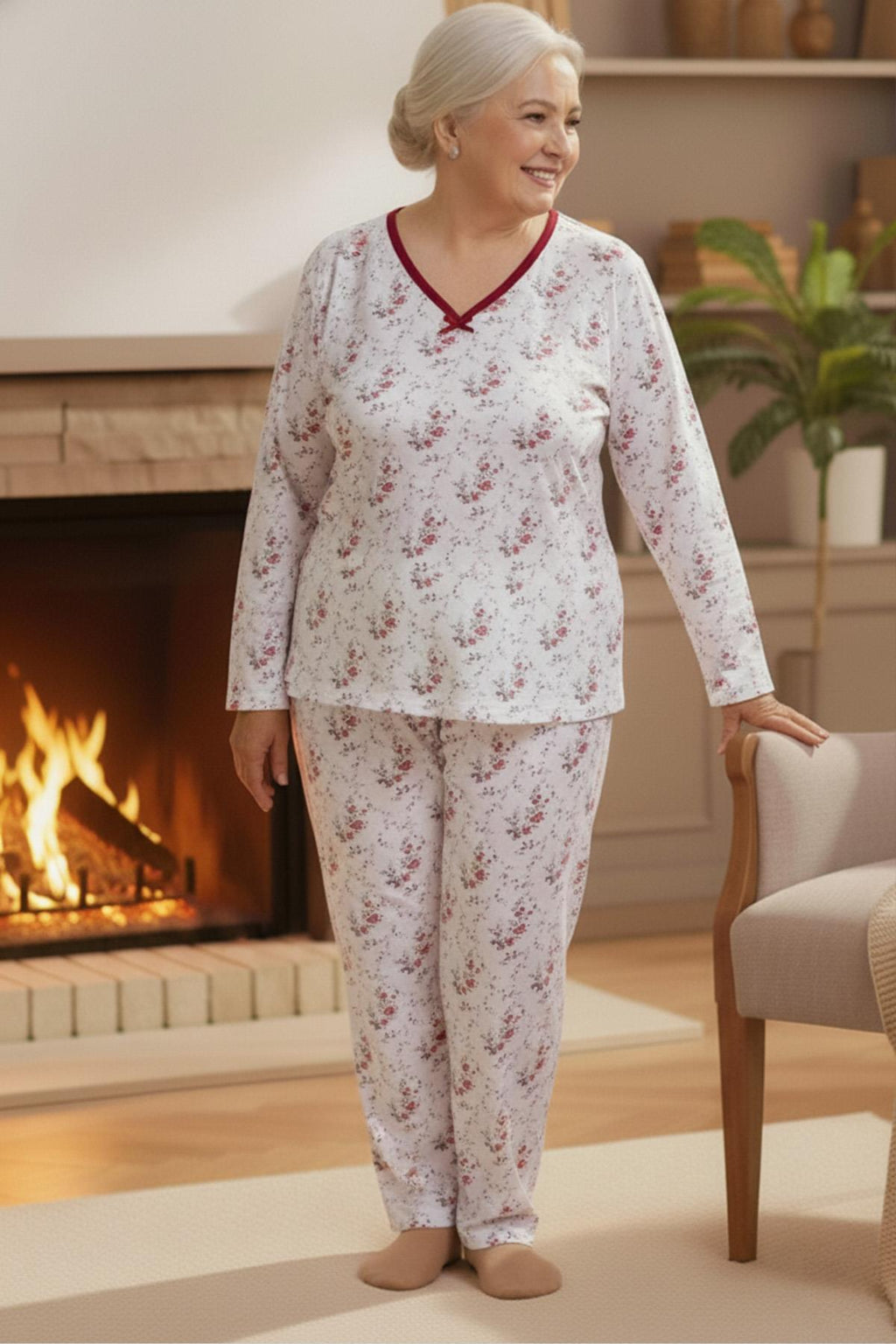 Kadın Desenli Biye Yakalı Uzun Kol Altı Uzun Penye Anne  Pijama Takımı