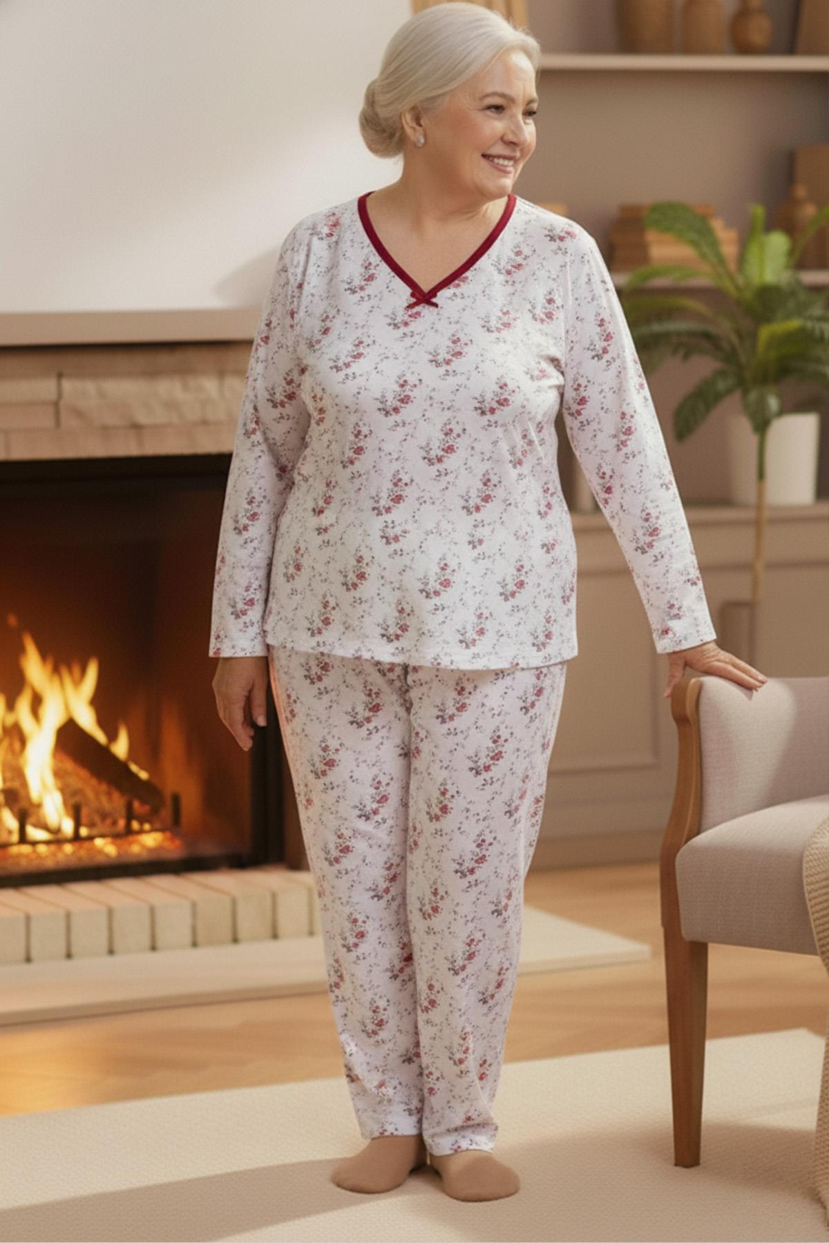 Kadın Desenli Biye Yakalı Uzun Kol Altı Uzun Penye Anne  Pijama Takımı