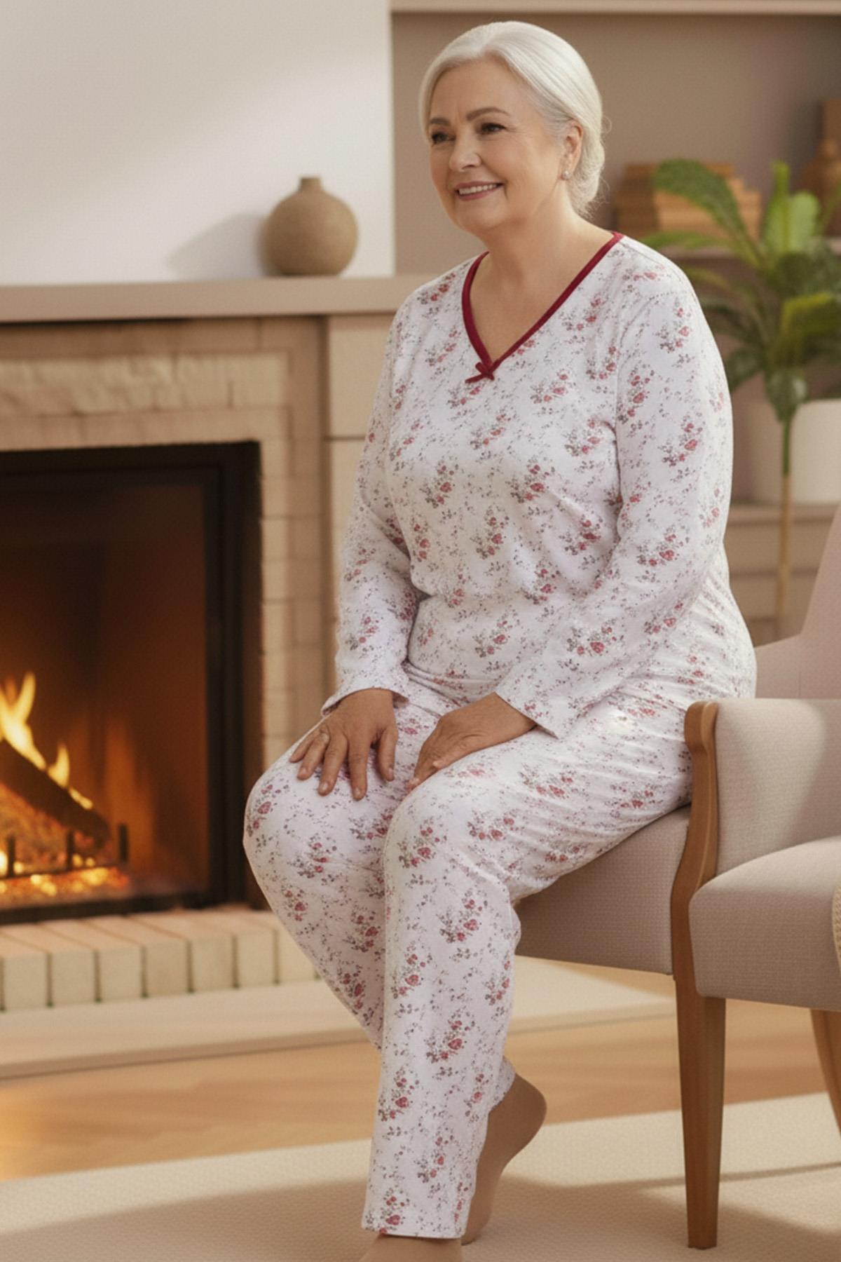 Kadın Desenli Biye Yakalı Uzun Kol Altı Uzun Penye Anne  Pijama Takımı