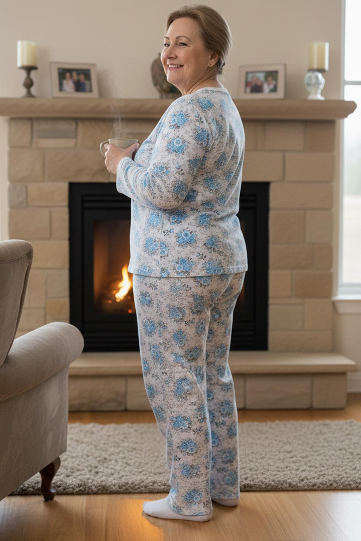 Kadın Desenli Biye Yakalı Uzun Kol Altı Uzun Penye Anne  Pijama Takımı