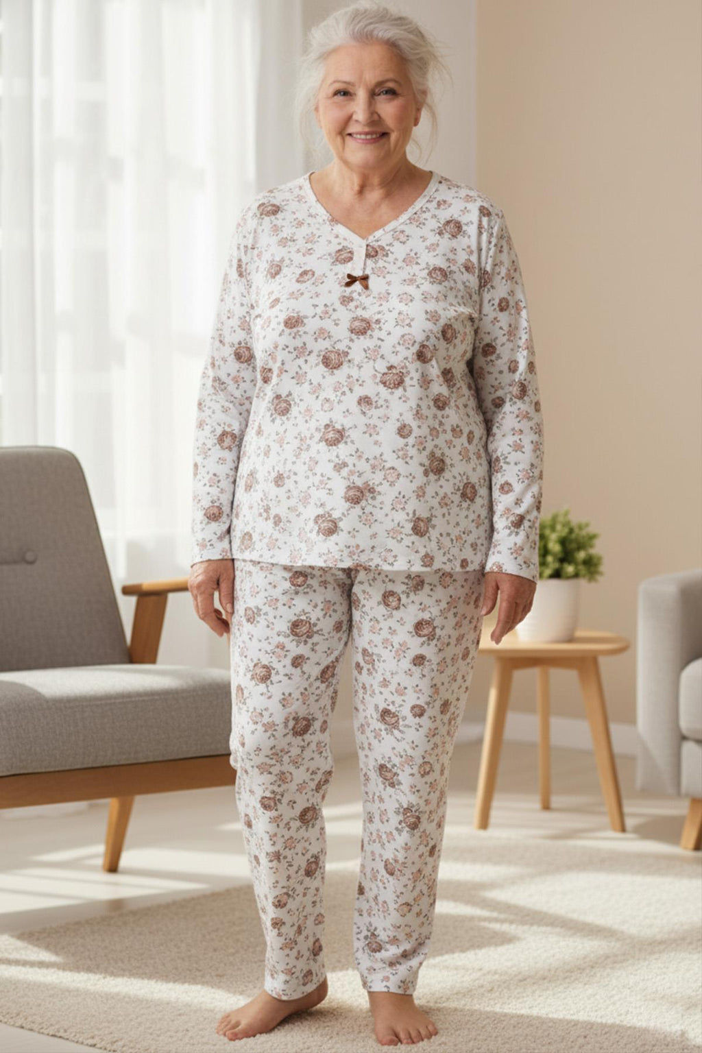 Kadın Desenli Biye Yakalı Uzun Kol Altı Uzun Penye Anne  Pijama Takımı