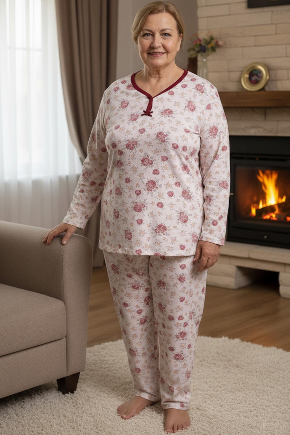 Kadın Desenli Biye Yakalı Uzun Kol Altı Uzun Penye Anne  Pijama Takımı