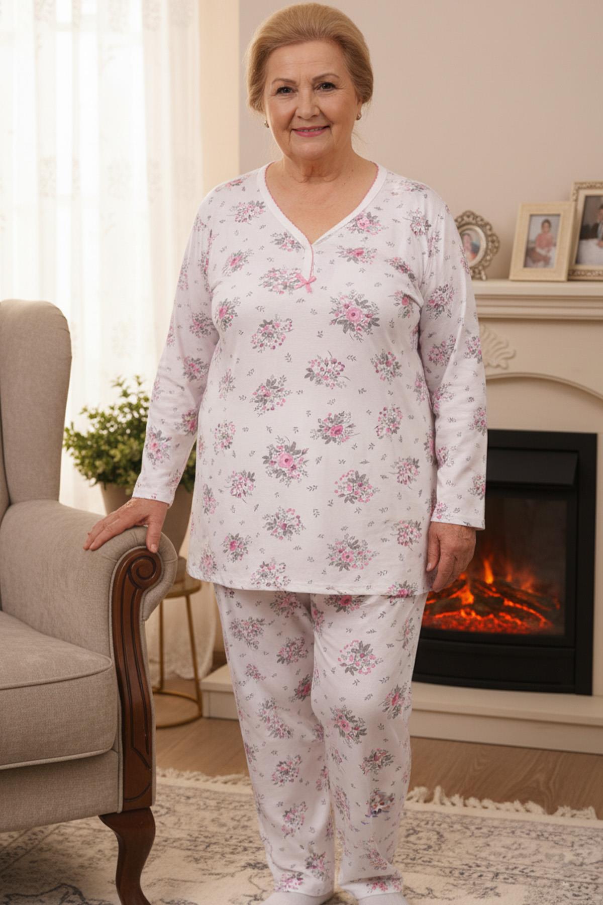 Kadın Desenli Biye Yakalı Uzun Kol Altı Uzun Penye Anne  Pijama Takımı