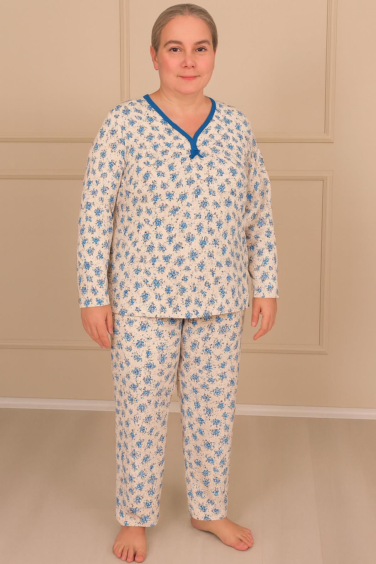 Kadın Desenli Biye Yakalı Uzun Kol Altı Uzun Penye Anne  Pijama Takımı