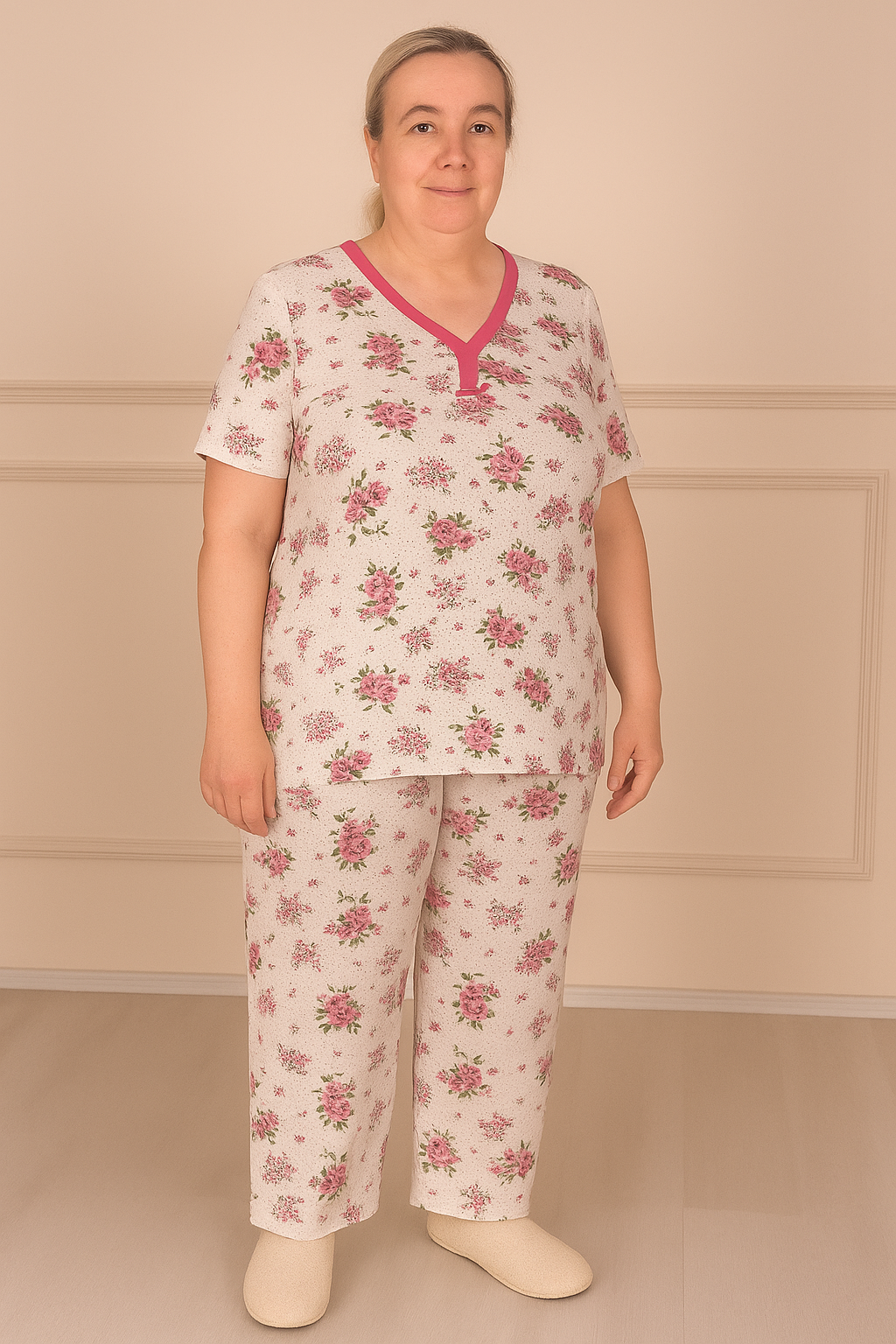 Kadın Desenli Biye Yakalı Kısa Kol Altı Uzun Penye Anne  Pijama Takım