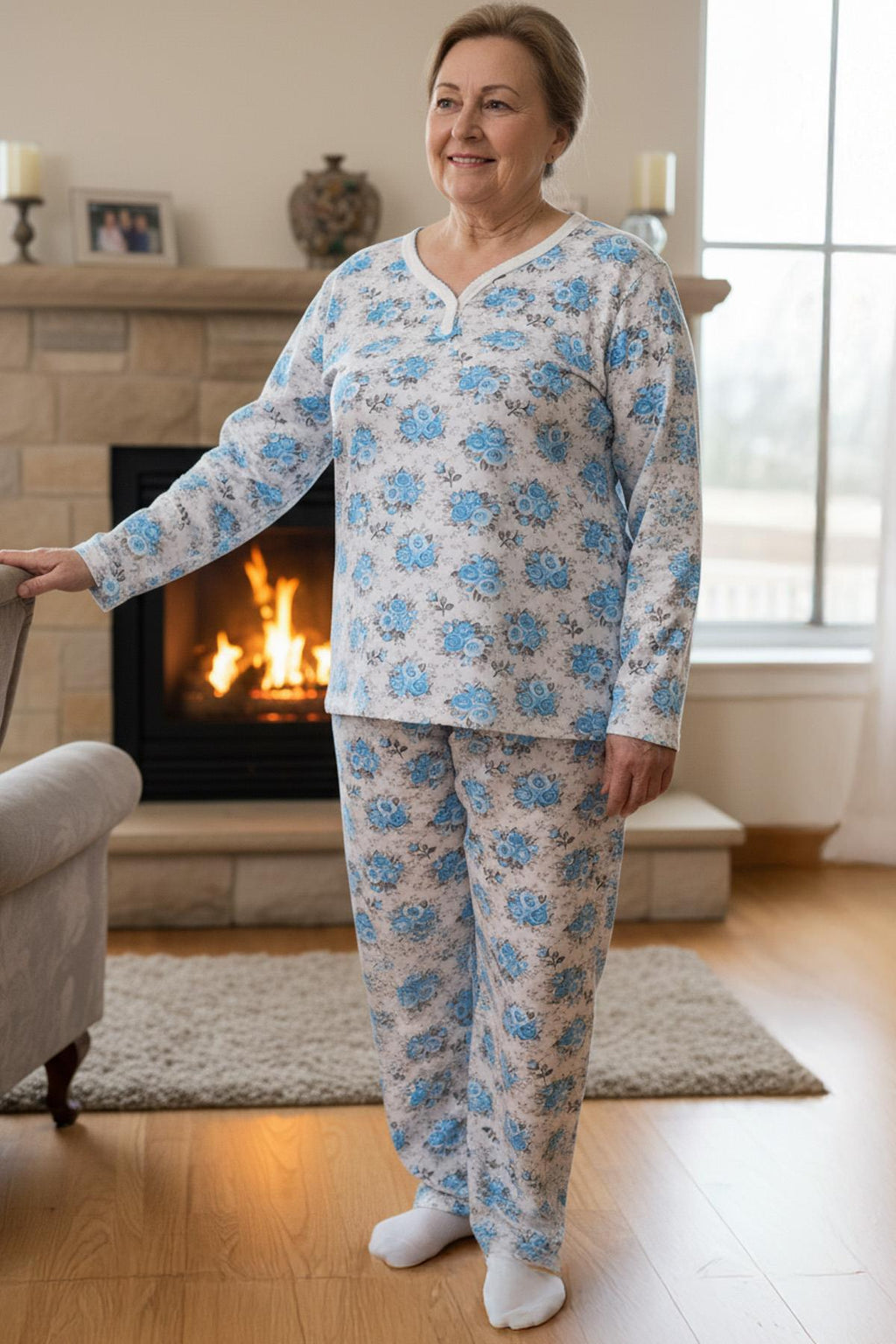 Kadın Desenli Biye Yakalı Uzun Kol Altı Uzun Penye Anne  Pijama Takımı