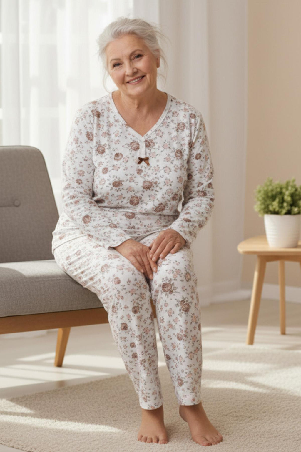 Kadın Desenli Biye Yakalı Uzun Kol Altı Uzun Penye Anne  Pijama Takımı