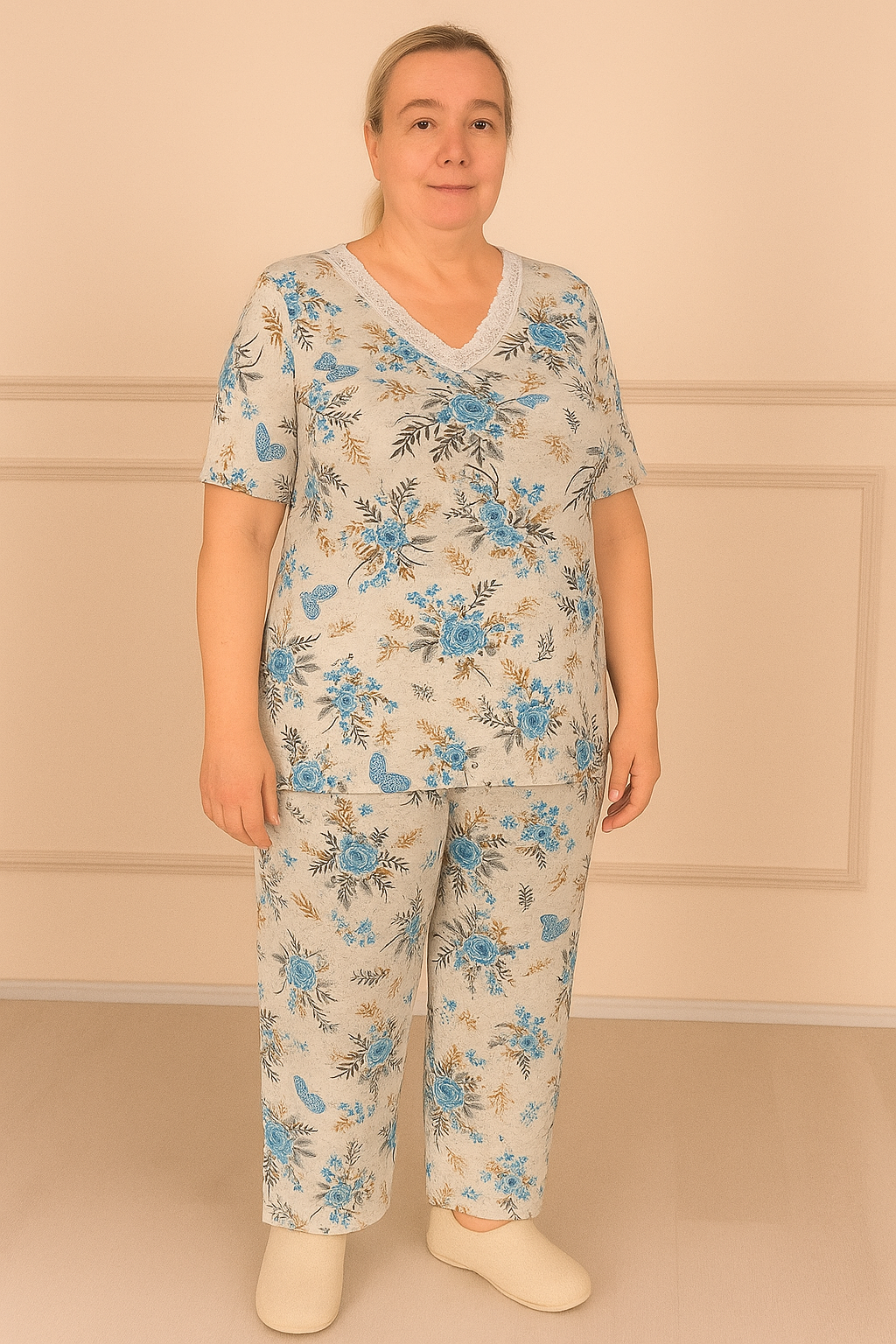 Kadın Desenli Dantel Yaka Kısa Kol Altı Uzun Penye Anne  Pijama Takım