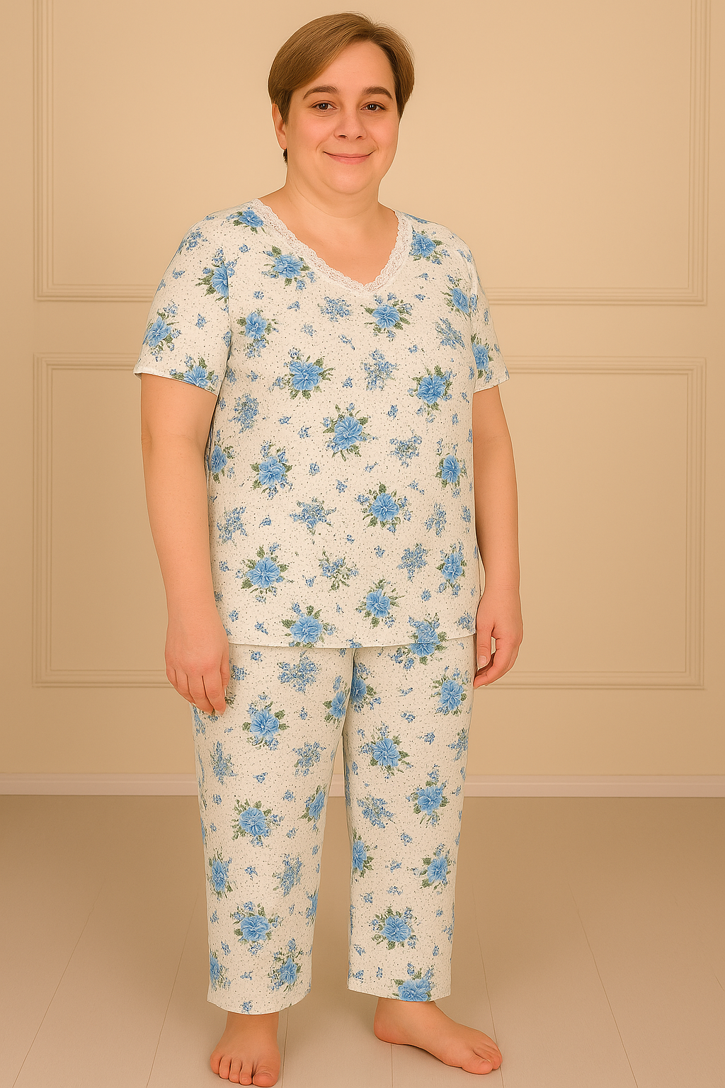 Kadın Desenli Dantel Yaka Kısa Kol Altı Uzun Penye Anne  Pijama Takım