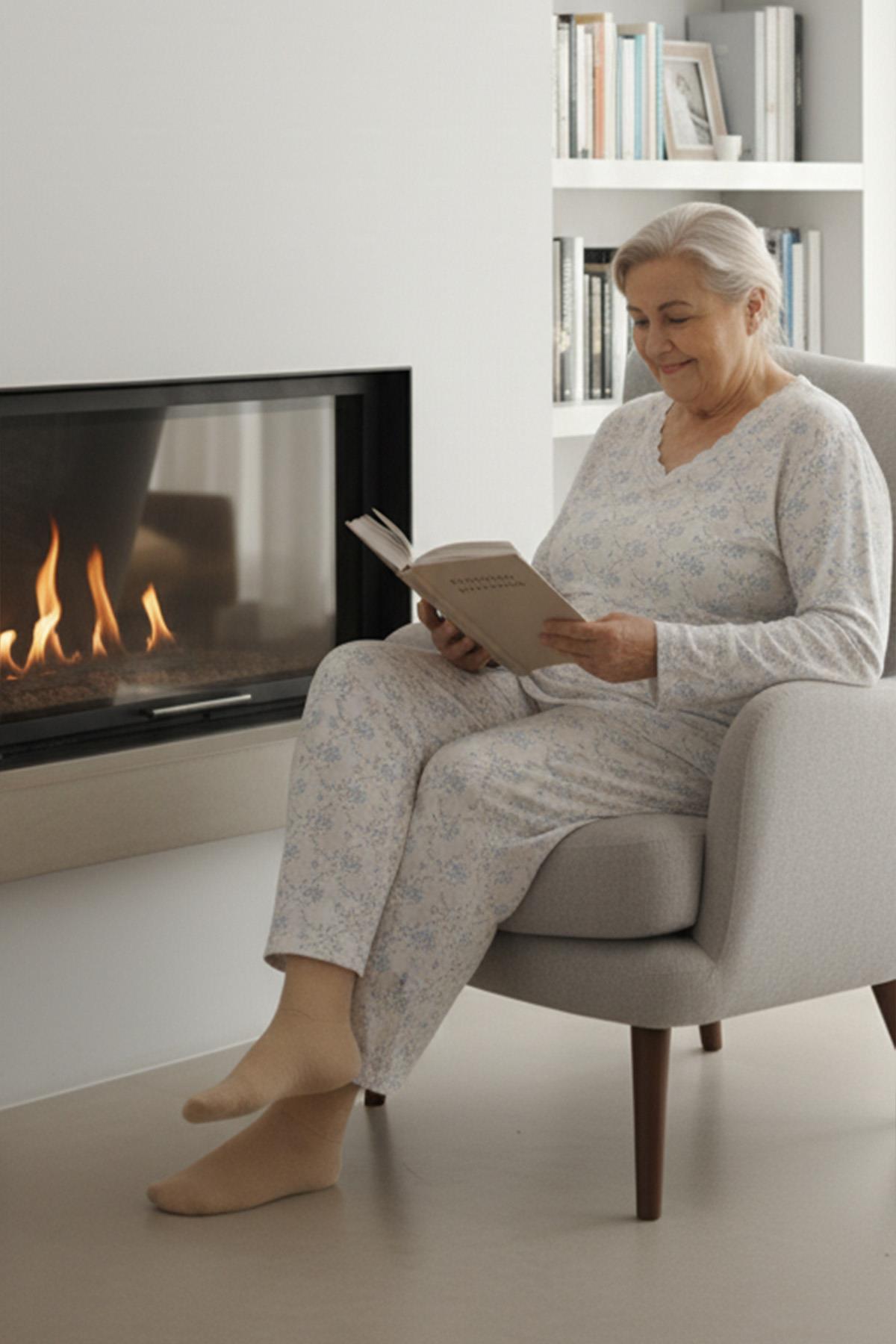 Kadın Desenli Dantel Yakalı Uzun Kol Altı Uzun Penye Anne  Pijama Takımı